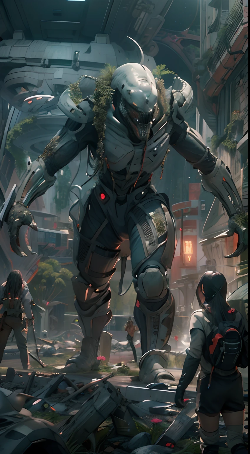 Movie scene: Predator cooperates with 4 human species, all wearing futuristic combat suits, fighting bloody alien monsters with laser knives, alien monsters with scary shapes, long heads, long claws . Epic and dramatic battle in the ruined city, futuristic design, masterpiece, best quality