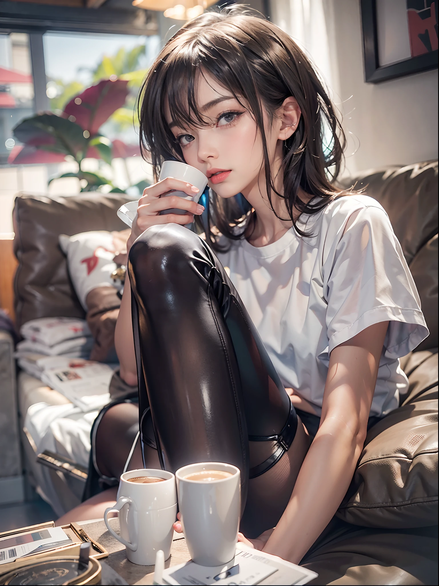 Tank Tops, Satin shorts, Sit on the sofa, drinking a cup of coffee, livingroom, (NSFW), 1womanl, 独奏, 24 year old, 7headed body, (cute face), (Ideal ratio body proportions), (Composition from head to thigh), erectile nipple, Sexy body, Wet, short-hair, Dark hair, small tits, A slender, Small buttocks, beauty legs, Skinny Legs, surrealism, Cinematic lighting, depth of fields, One-person viewpoint, F/1.8, 135 mm, nffsw, masutepiece, ccurate, ((Anatomically correct)), Textured skin, Super Detail, high details, High quality, awardwinning, Best Quality, hight resolution, 8K