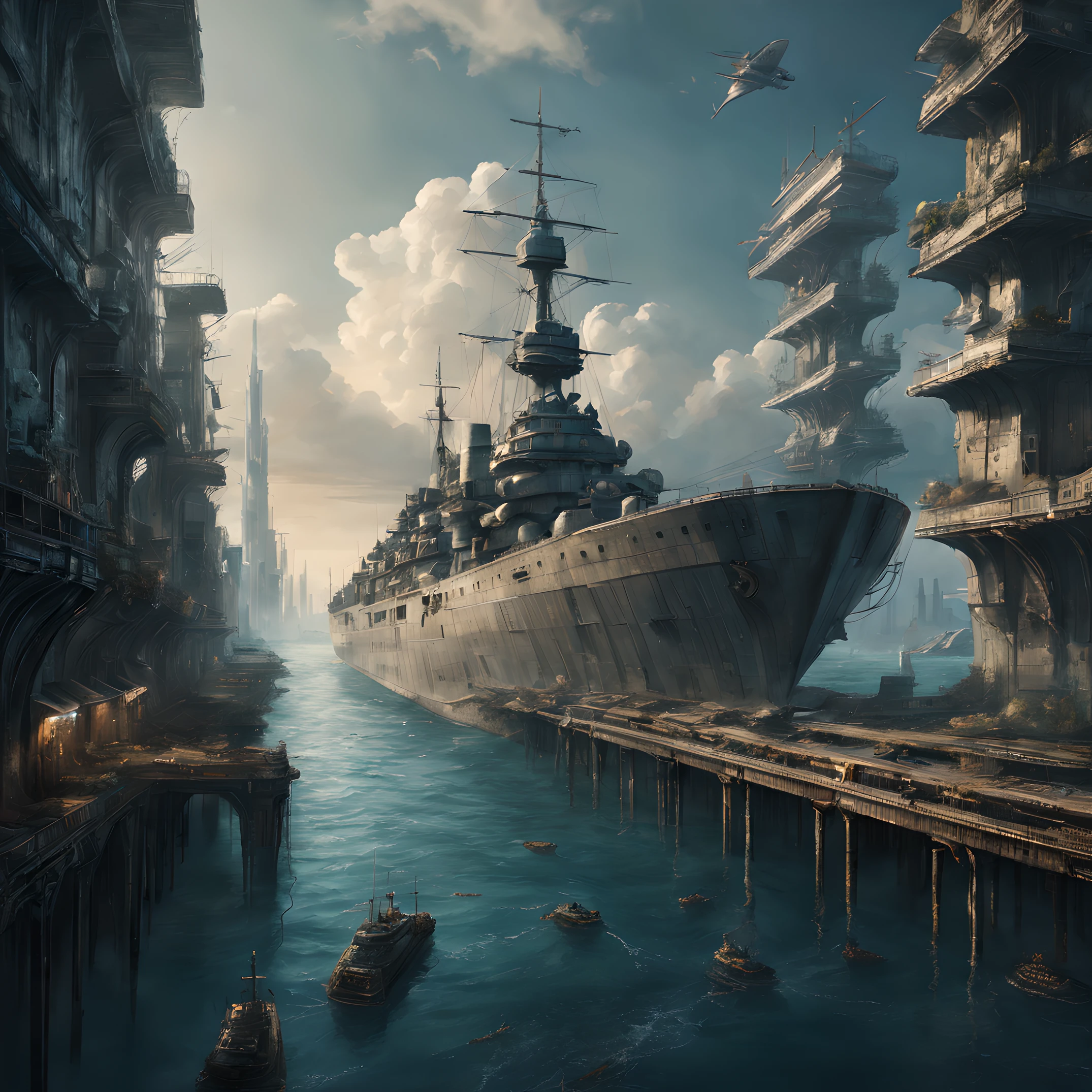 composition: "Visualize an awe-inspiring scene set in a near-future, post-apocalyptic world where a colossal battleship has been transformed into an immense, sprawling city. This waterborne metropolis stretches as far as the eye can see, emphasizing the colossal scale of the ship and the intricacies of the cityscape. Capture the grandeur of this maritime city from a distant aerial perspective."
人物: "Within this futuristic aquatic realm, imagine a diverse community of survivors who have adapted to life on the colossal battleship-city. Their attire is a fusion of practicality and futuristic fashion, reflecting their resilience. Engineers work tirelessly to maintain the ship's complex systems, explorers chart uncharted waters, and leaders guide the city-state through the challenges of a post-apocalyptic world. Their determination and unity are evident."
Background with: "As the colossal battleship-city sails across the vast, open sea, the remnants of a once-thriving world lie beneath the water's surface, offering glimpses of a world lost to the depths. Crumbled skyscrapers, submerged landmarks, and marine life swim among the submerged structures. Above, the sky stretches into a cerulean expanse, hinting at the endless possibilities of the future. This vision of a post-apocalyptic, sea-dominant world is illuminated by the soft glow of a setting sun, casting a sense of hope and wonder."