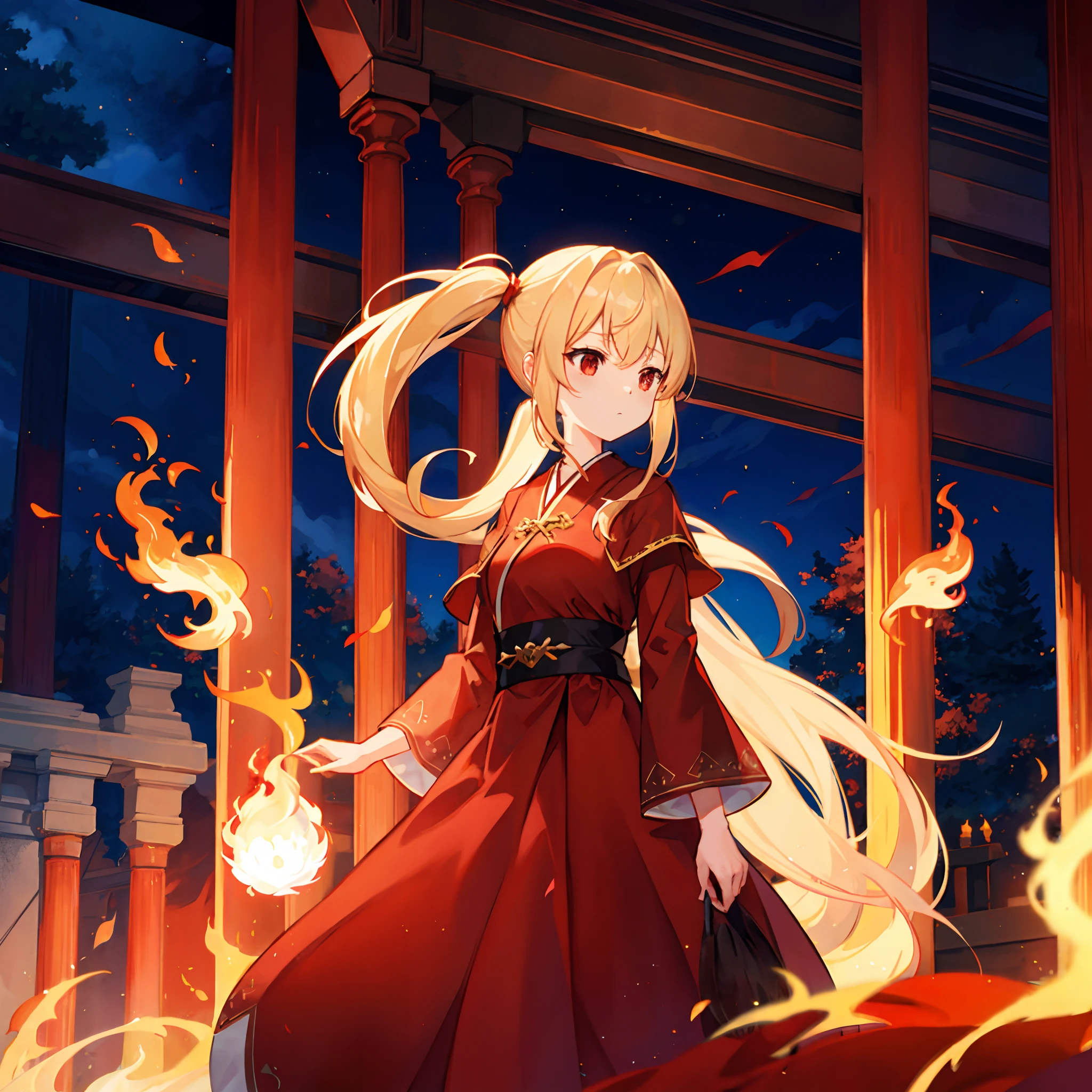 a blond、poneyTail、red eyes、One Beautiful Girl、RED dress、Wizard robes、Pillar of fire、flame magic