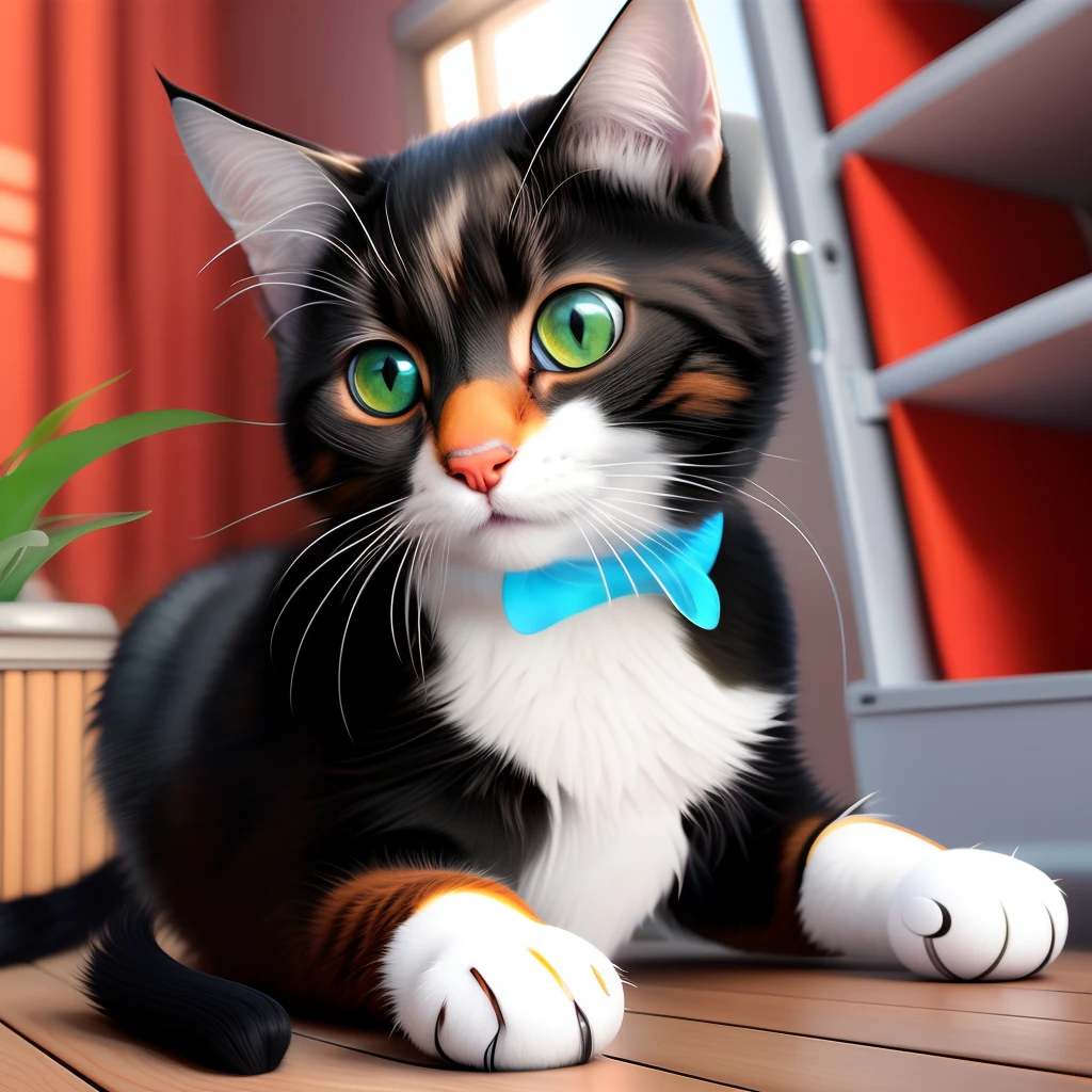 Da ist eine Katze, die mit einer roten Fliege auf dem Boden sitzt, adorable digital painting, Ultra-realistisches Bild, Ultrarealistische Illustration, niedliche, detaillierte digitale Kunst, Ultrarealistische 3D-Illustration, Katze. Digitale Malerei, fotorealistisches Bild, Ultrarealistische Illustration, fotorealistische Illustration, Digitale Malerei sehr detailliert, Realistische Illustration, Realistische Anime-Katze, Erstaunliche fotorealistische Grafik
