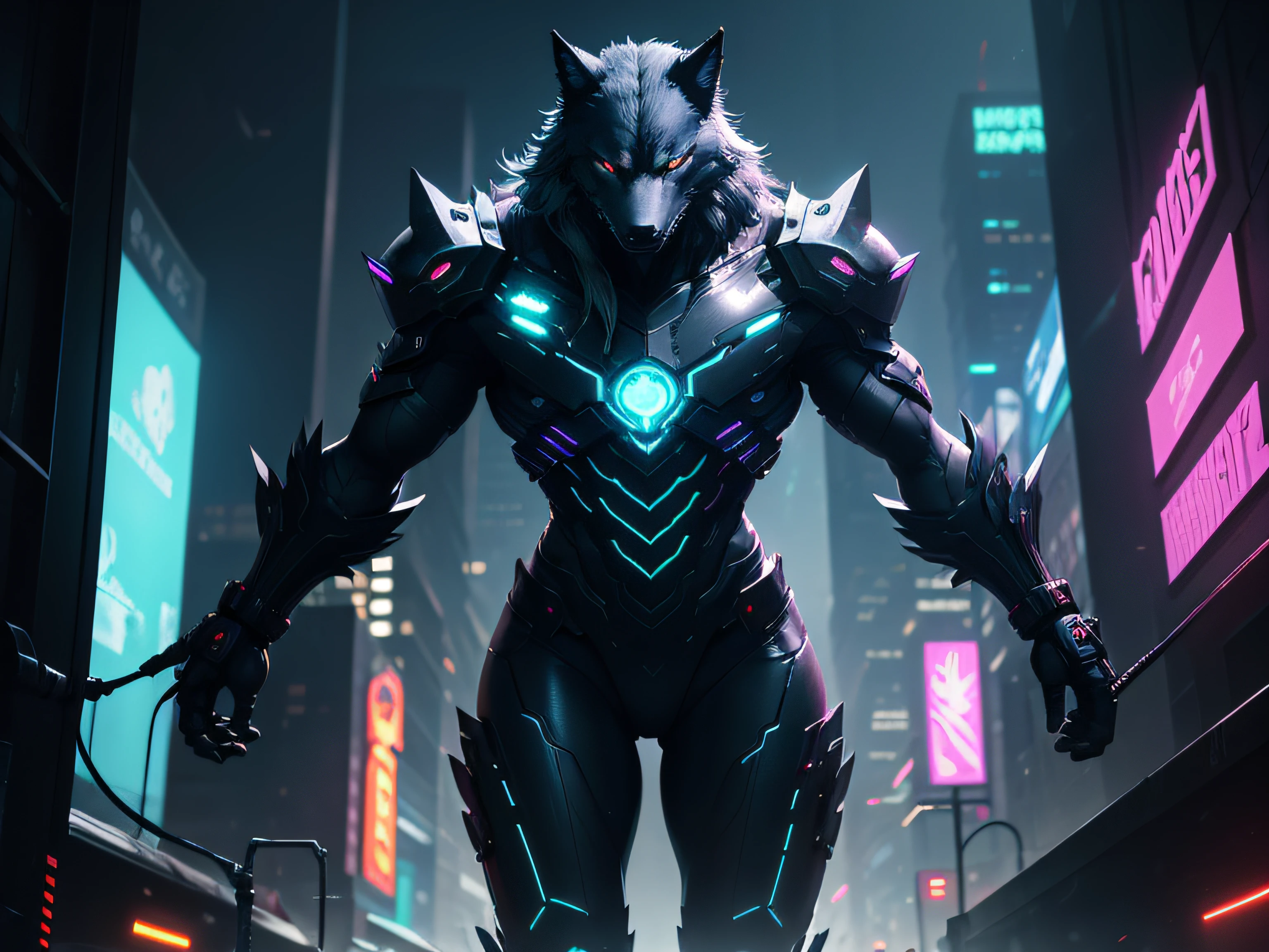 "Within a sprawling cyberpunk metropolis, where towering skyscrapers pierce the night sky, a cyber-enhanced wolf named (Razor)1.2 prowls with unmatched stealth and grace. The cityscape is bathed in the neon glow of holographic billboards, casting an eerie multi-colored radiance upon the rain-soaked streets below:0.2. Razor is a vision of cybernetic enhancement, with intricate implants and circuitry seamlessly integrated into its sleek form, their glow eerily harmonizing with the neon-lit darkness1.4.

As Razor navigates this dystopian labyrinth, it is surrounded by a swarm of (hovering drones)1.2, their mechanical wings creating a dissonant hum in the smog-choked alleyways1.3. The wolf's (rain-slicked fur)1.1 glistens as if coated in liquid metal, reflecting the harsh, artificial lights of the city.

The futuristic urban backdrop is nothing short of a technological marvel, with (blinking neon signs)1.2 illuminating the streets, and (glowing cyberpunk skyscrapers)1.2 stretching towards the heavens, casting long shadows over the labyrinthine alleyways. This scene captures the essence of a cinematic cyberwolf in a city where it's both the predator and the prey, its (glowing cyberoptic eyes)1.3 scanning the darkness with relentless determination, ready for whatever challenges the neon-soaked night may bring."