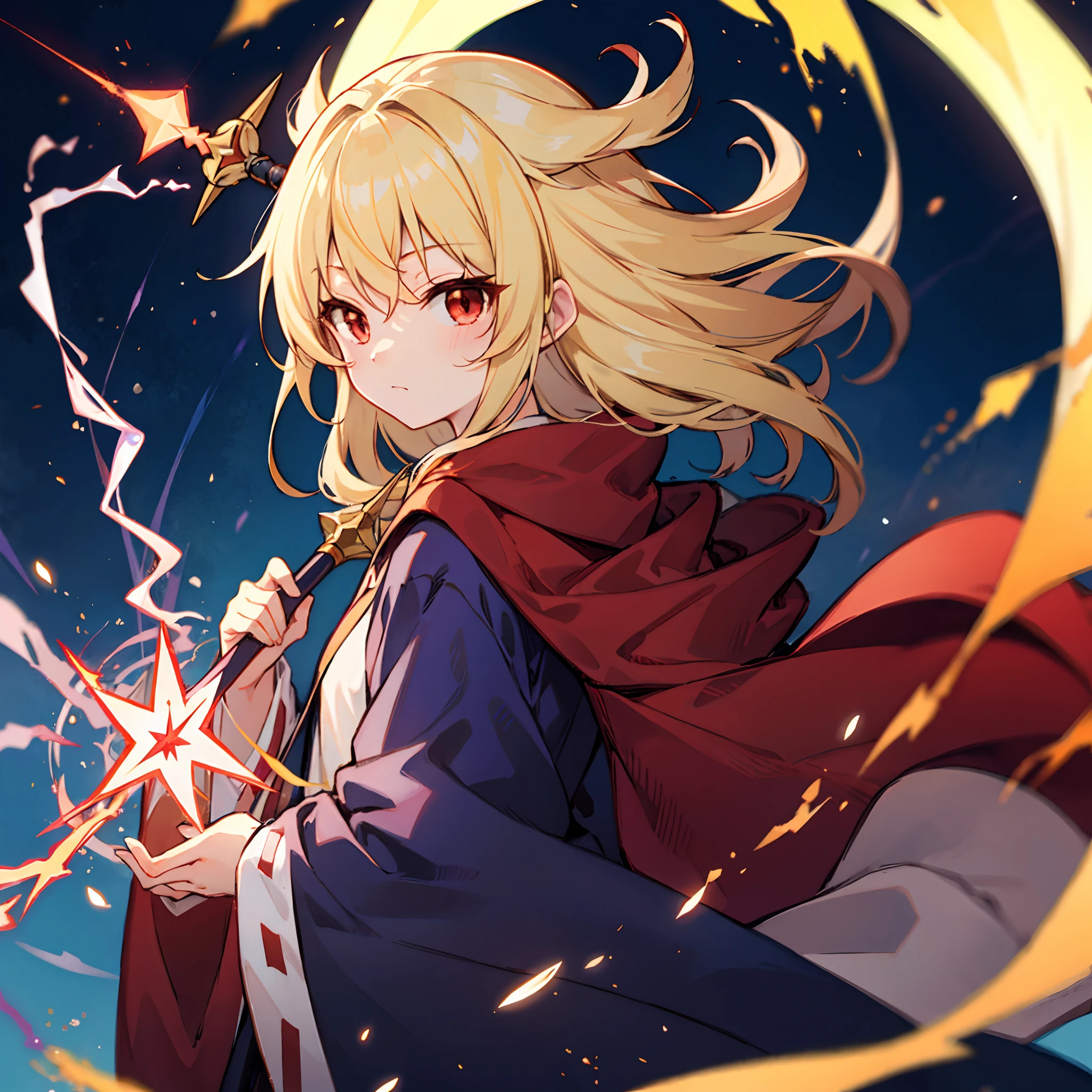 anime girl ( super hero outfit, hair blonde, Eyes red, red cloak ), several rays of power surrounding his body, cenario ( Starry sky, Sunset )