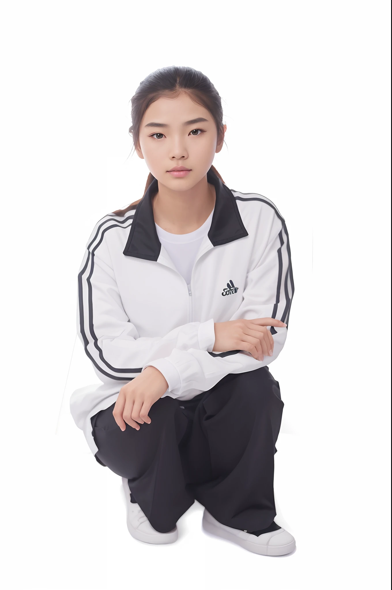 A portrait of a -yeld Chse schoolgir facial features,Symmetrical facial features,Clear ears,Ultra-clear and realistic facial features,Hair combed back,hair natural,Expose your ears,The upper body is wearing white sportswear,The texture of the clothes is clear,Black pantsuit,Ultra-clear texture,White shoes,White sneakers,The size is suitable and symmetrical,Camera shooting effect,Light and shadow are natural,Symmetrical clothes,The collar is symmetrical and coordinated,Natural and realistic hands,clear hand,The fingers are the right size,Ultra-clear realistic 8K,Very detailed eyes and face, hugefilesize, Ultra detail, High definition, Very detailed, Best quality, Masterpiece, , Realistis, Real, Unity, 8K wallpaper,Background details for foreground objects (Masterpiece: 1.2) (Photorealistic: 1.2) (Bokeh: 1.2) (Best quality) (Color grading) (Detailed skin: 1.3) (complex) (8K) (hdr) (Movie lighting: 1.3) (Sharp focus), Glossy glossy skin, Front-facing Ultra HD, Digital SLR, Soft lighting, High quality, film gram, Fujifilm XT3