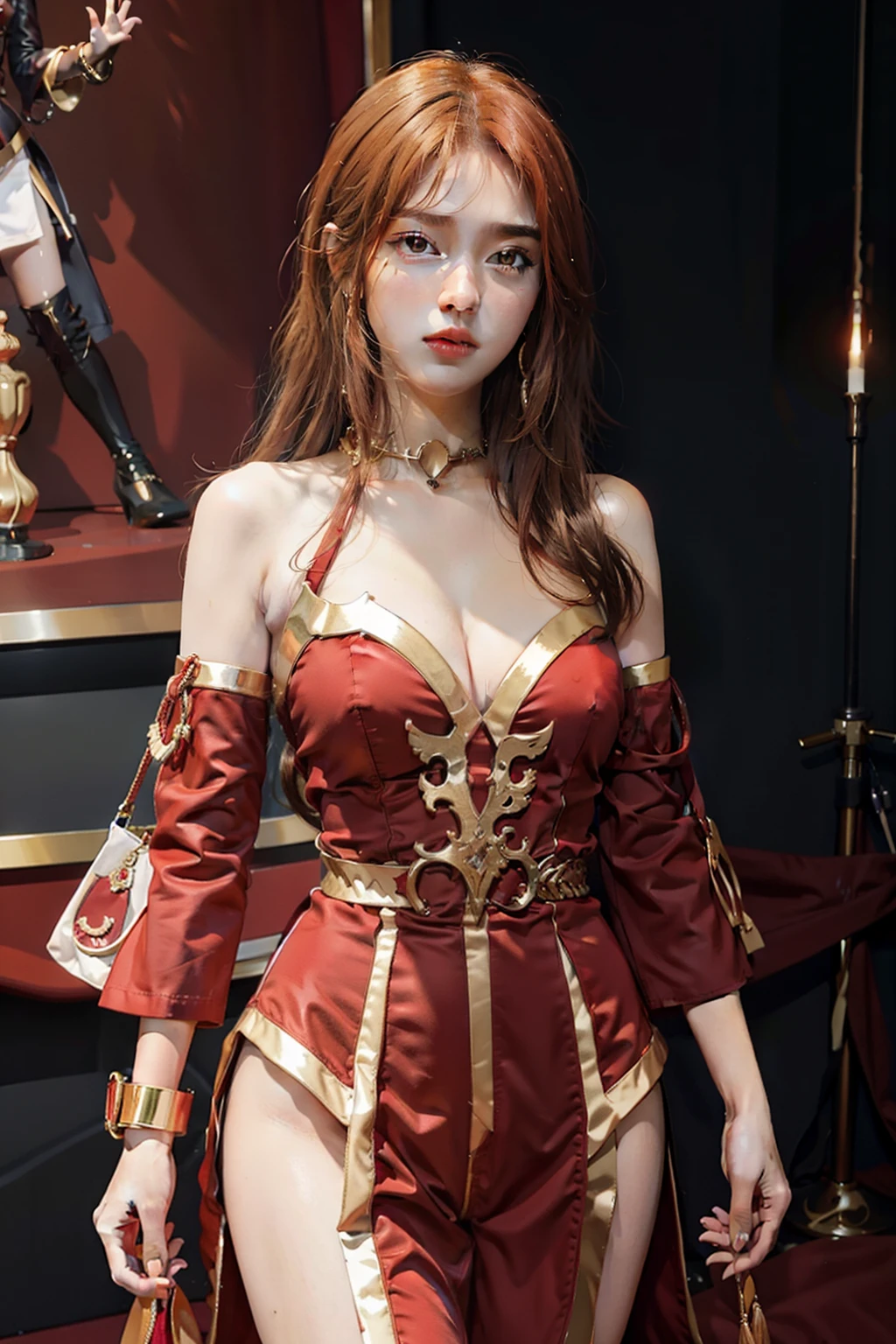 Woman in red and gold suit