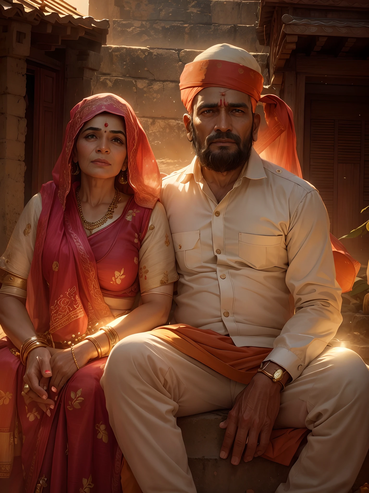 Background change into mandir with sunset handsome man and old women banarshi Saree realistic photo 8k realistic photo