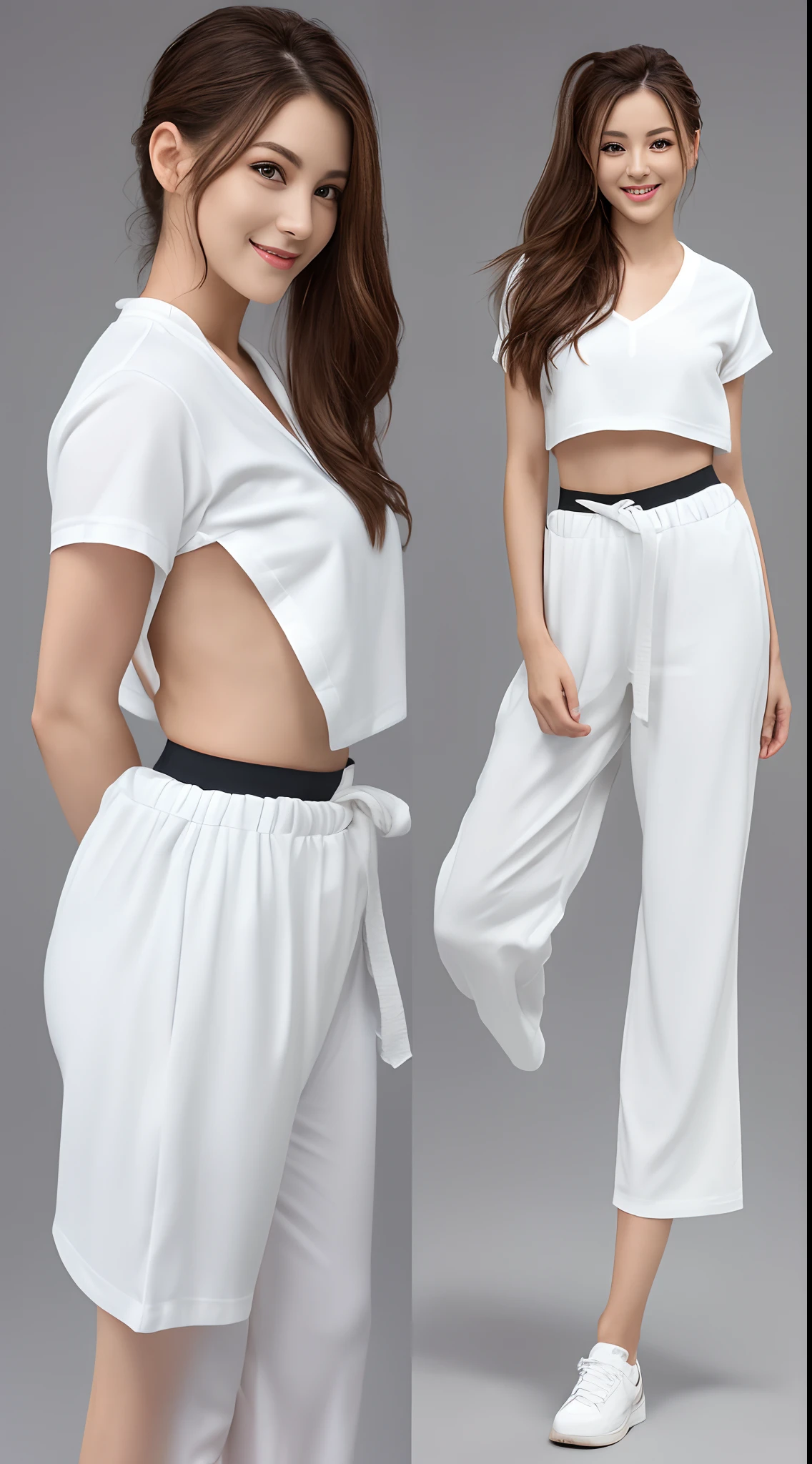(Photorealsitic)(17 age), Perfectly beautiful woman, (Full body 8K portrait), White Karate Uniform, White karate pants, Large bust,Stand alone, dynamic movements, Perfect facial detail, (Smile: 1.15), attractive beautiful face, gazing at viewer, a small face, 二重まぶた, Beautiful detailed eyes, long eyeslashes, ligh brown hair, ponytail in high position, Toned waist, Beautiful thin legs, toned ankles, bare-legged ,TOKYOcty