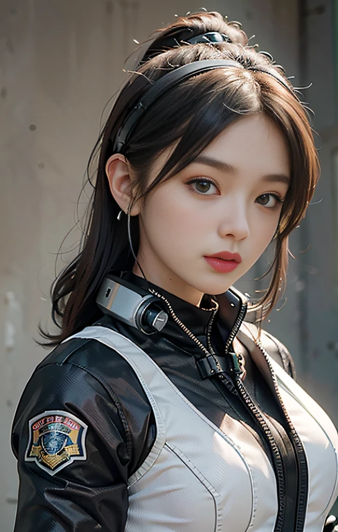 Highest image quality, outstanding details, ultra-high resolution, (realism: 1.4), ((close up:0.75)), highly condensed 1lady, with beautiful and a delicate face, perfect proportion, (chubby:0.3, small breasts), (wearing racing suit likes police uniform, black and gray mecha, wearing high-tech headset, military harness, holding a machinegun), captain, background simple gray wall,