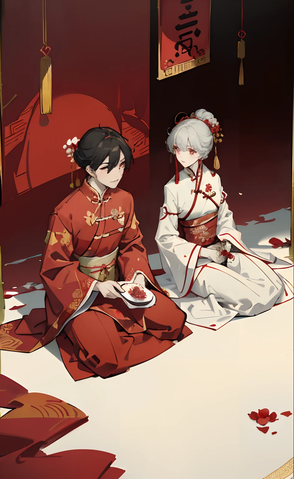 couple in red dress sitting on a white floor next to a man, a portrait inspired by Tang Di, tumblr, anime style, hanfu, traditional chinese, wearing red attire, traditional chinese clothing, wearing ancient chinese clothes, chinese style, wearing gilded red robes, with acient chinese clothes, wearing red robes, sha xi, chinese costume