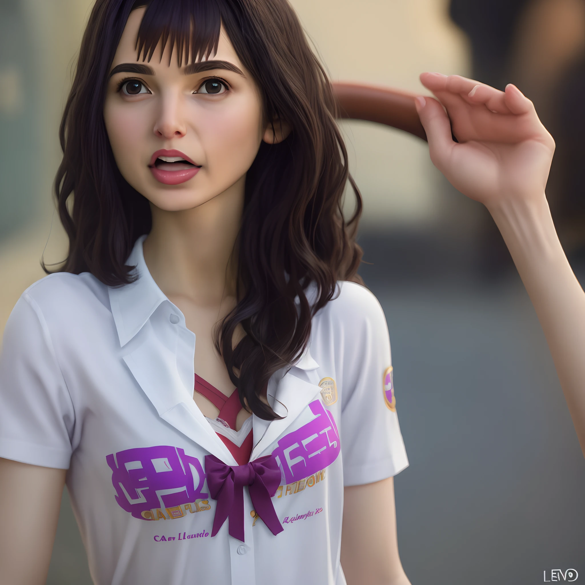 Gal gadot,8k,camisa desabrochada,escote,Pechos grandes: 1.2)), levantando su minifalda, (erotic face:Florencia