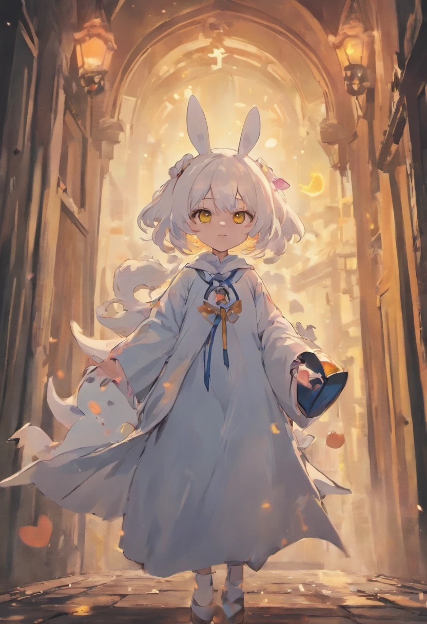anime character with white hair and yellow eyes holding a rabbit, anime style 4 k, 4k anime wallpaper, 4 k manga wallpaper, anime art wallpaper 4 k, anime art wallpaper 4k, anime art wallpaper 8 k, from arknights, best anime 4k konachan wallpaper, anime wallpaper 4k, anime wallpaper 4 k, nagito komaeda dressed up as a Ghost on a Halloween decorated street