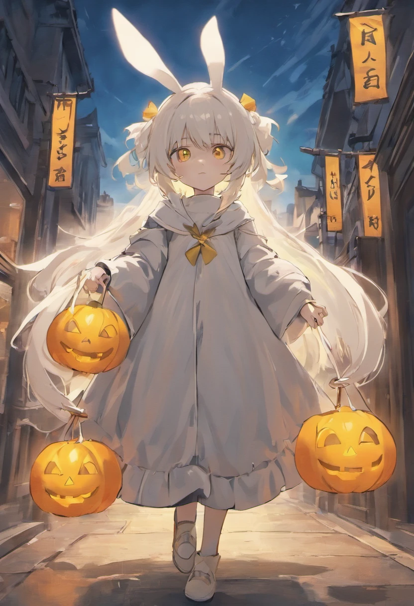 anime character with white hair and yellow eyes holding a rabbit, anime style 4 k, 4k anime wallpaper, 4 k manga wallpaper, anime art wallpaper 4 k, anime art wallpaper 4k, anime art wallpaper 8 k, from arknights, best anime 4k konachan wallpaper, anime wallpaper 4k, anime wallpaper 4 k, nagito komaeda dressed up as a Ghost on a Halloween decorated street
