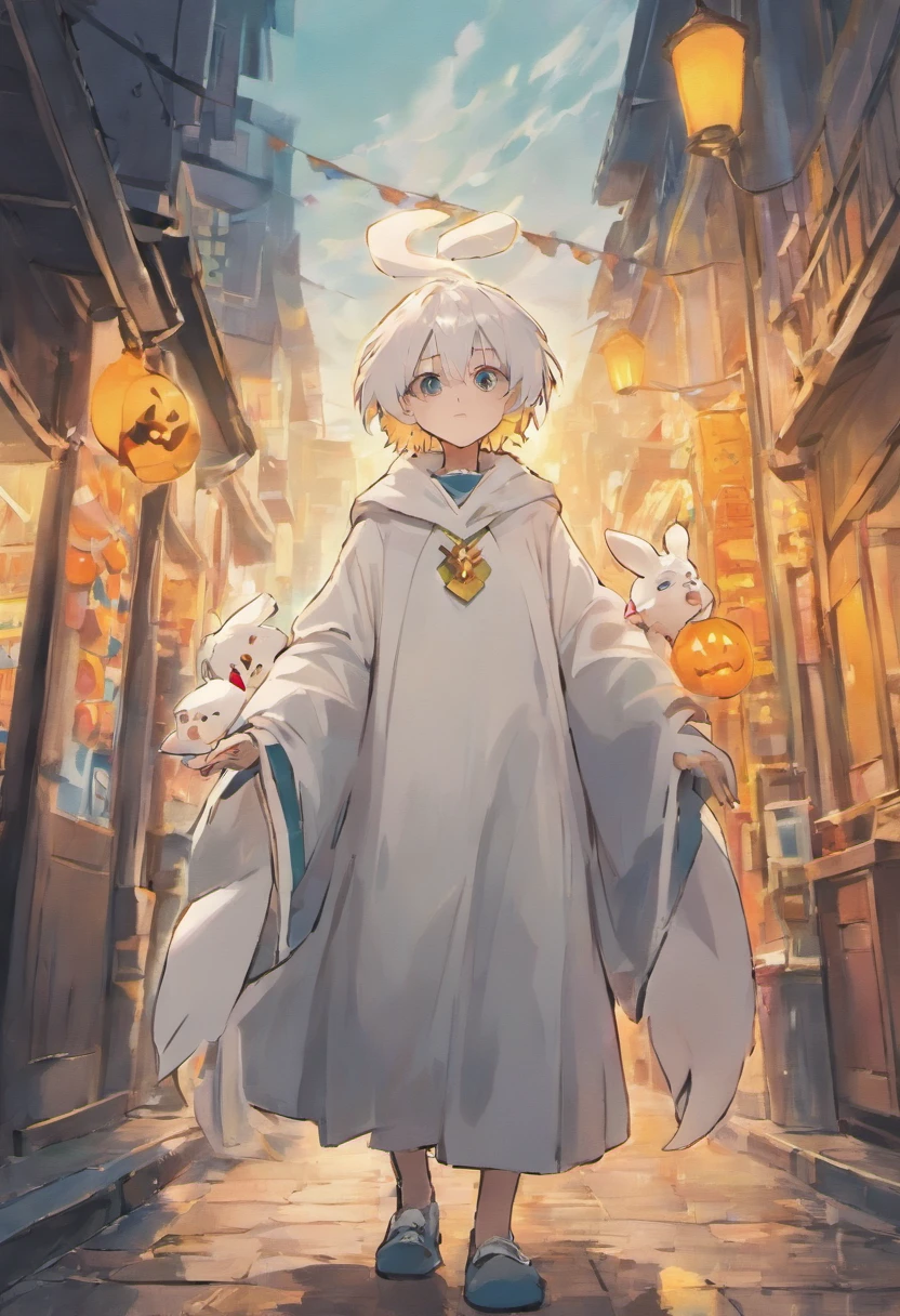 anime boy with white hair and yellow eyes holding a rabbit, anime style 4 k, 4k anime wallpaper, 4 k manga wallpaper, anime art wallpaper 4 k, anime art wallpaper 4k, anime art wallpaper 8 k, from arknights, best anime 4k konachan wallpaper, anime wallpaper 4k, anime wallpaper 4 k, nagito komaeda dressed up as a Ghost on a Halloween decorated street