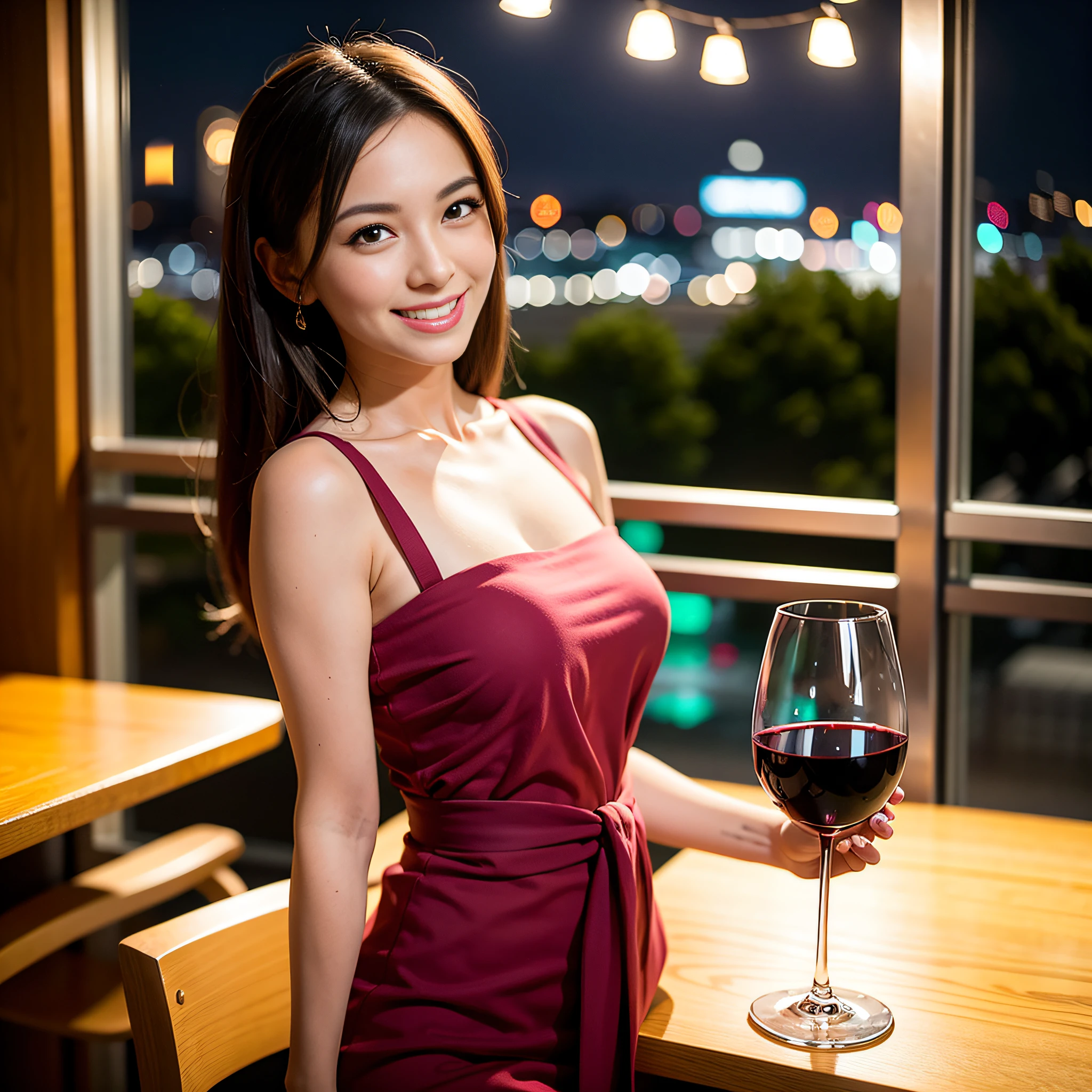 (64K, UHD, top quality, masterpiece: 1.2), (realistic, photorealistic: 1.37), super detailed, pretty woman 1 person, (slim face), (slim body), (brown hair), (short cut), cheeks slightly blushing, (44 years old), 38 years old, solo, beautiful detailed urban night view outside the window, restaurant, wine glasses sit, at night, in a prominent placeNovaFrogStyle, Actress, Model, Waist Up, White Wine, Slim, Wine Glass, Super Clean Night View, Wine Glass Put in the Middle, Happy Smile, (Smile: 1.15), Beautiful Fine Eyes, Upper Body, Bust Japan Up, Night, Short, Short, Actress, Model, Waist Up, White Wine, Slim, Wine Glass, Super Clean Night View, Wine Glass Put in the Middle, Happy Smile,
