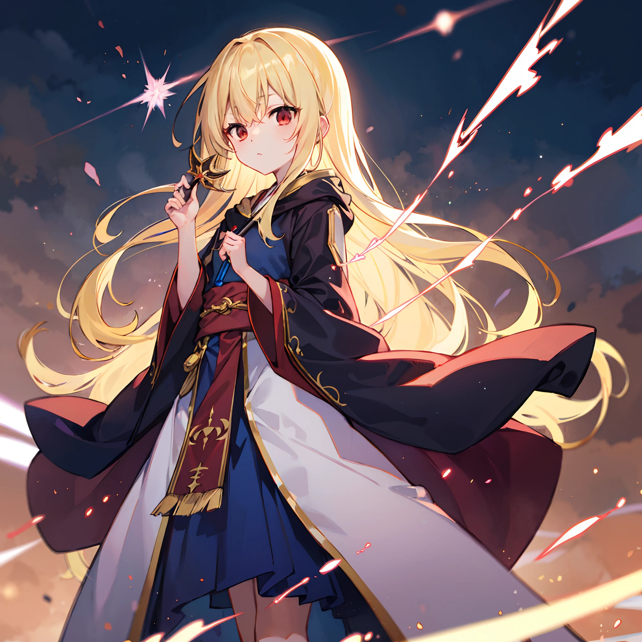 a blond、red eyes、One Beautiful Girl、Wizard robes、thunderbolt、Sorcerer's Wand