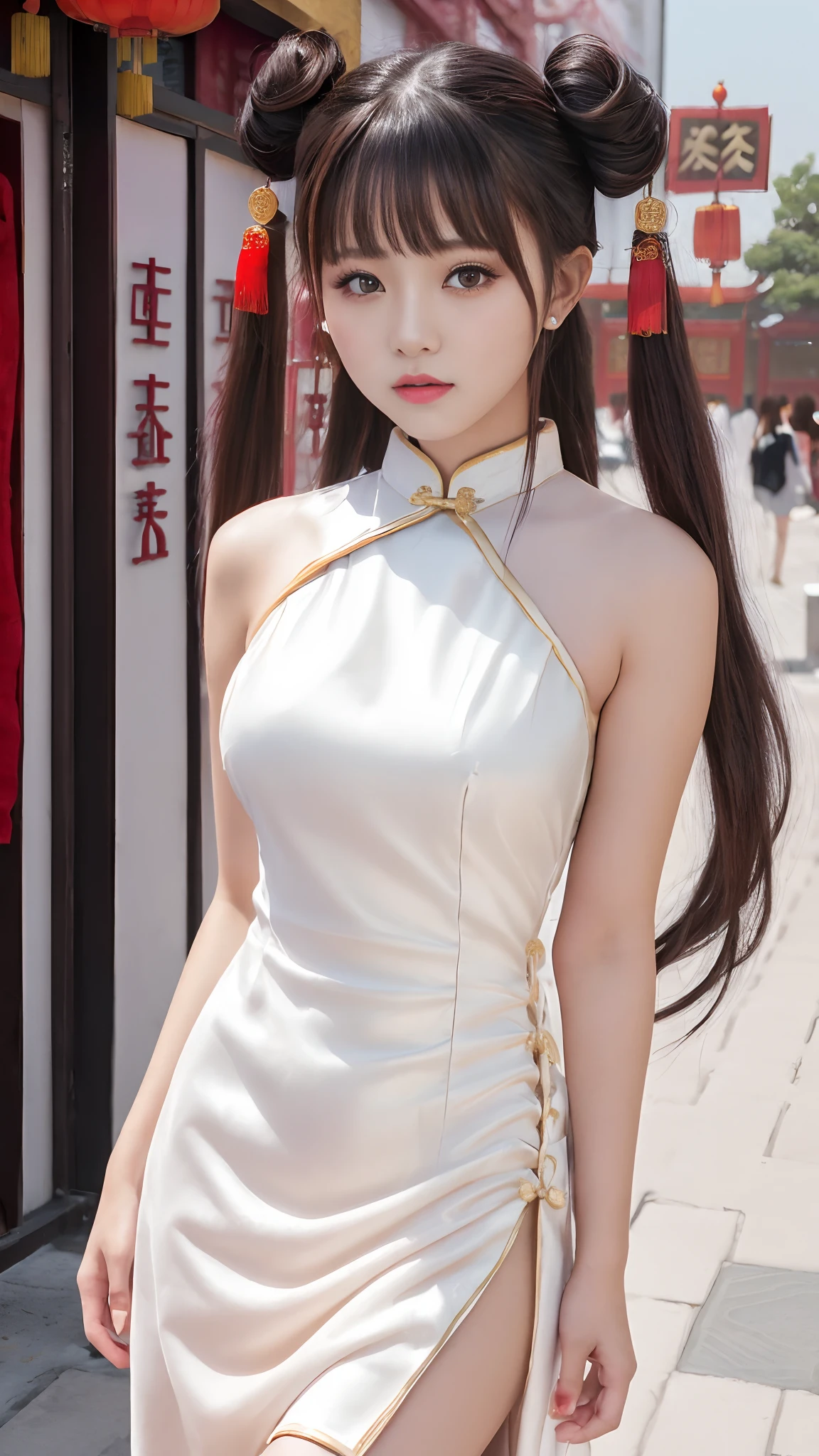 high resolution,
1 beautiful young woman,
(soft saturation:1.3), (fair skin:1.2),
wearing a white clothes,
85mm lens,f/8.0,
background,
gyaru,
brown hair,
medium breasts,

BREAK

(china street:1.3),
1girl, 18 years old, (china dress:1.5), side-tie peek, (china dress:1.5),
double bun and long twin tails, black hair