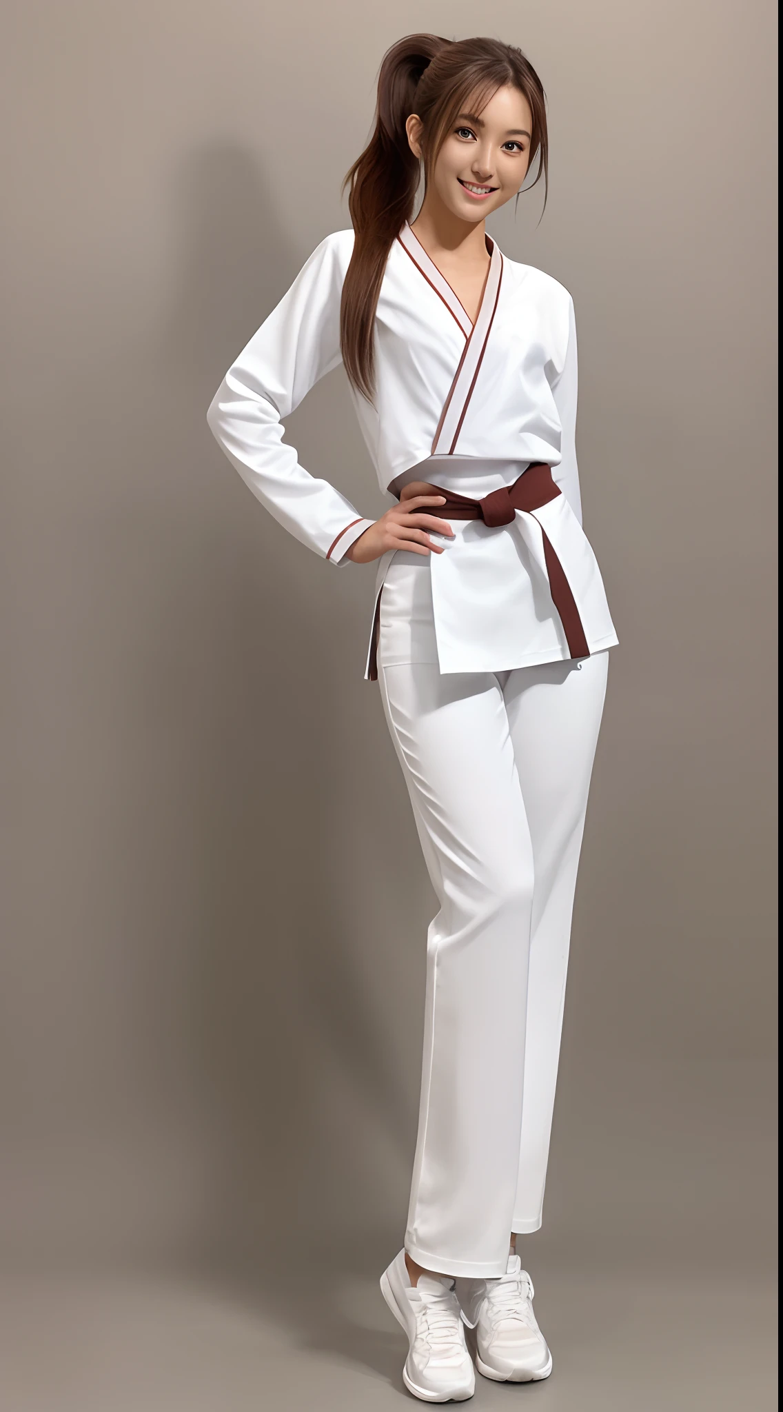 (Photorealsitic)(), Perfectly beautiful woman, (Full body 8K portrait), White Karate Uniform, White karate pants, Large bust,Stand alone, dynamic movements, Perfect facial detail, (Smile: 1.15), attractive beautiful face, gazing at viewer, a small face, 二重まぶた, Beautiful detailed eyes, long eyeslashes, ligh brown hair, ponytail in high position, Toned waist, Beautiful thin legs, toned ankles, bare-legged ,TOKYOcty