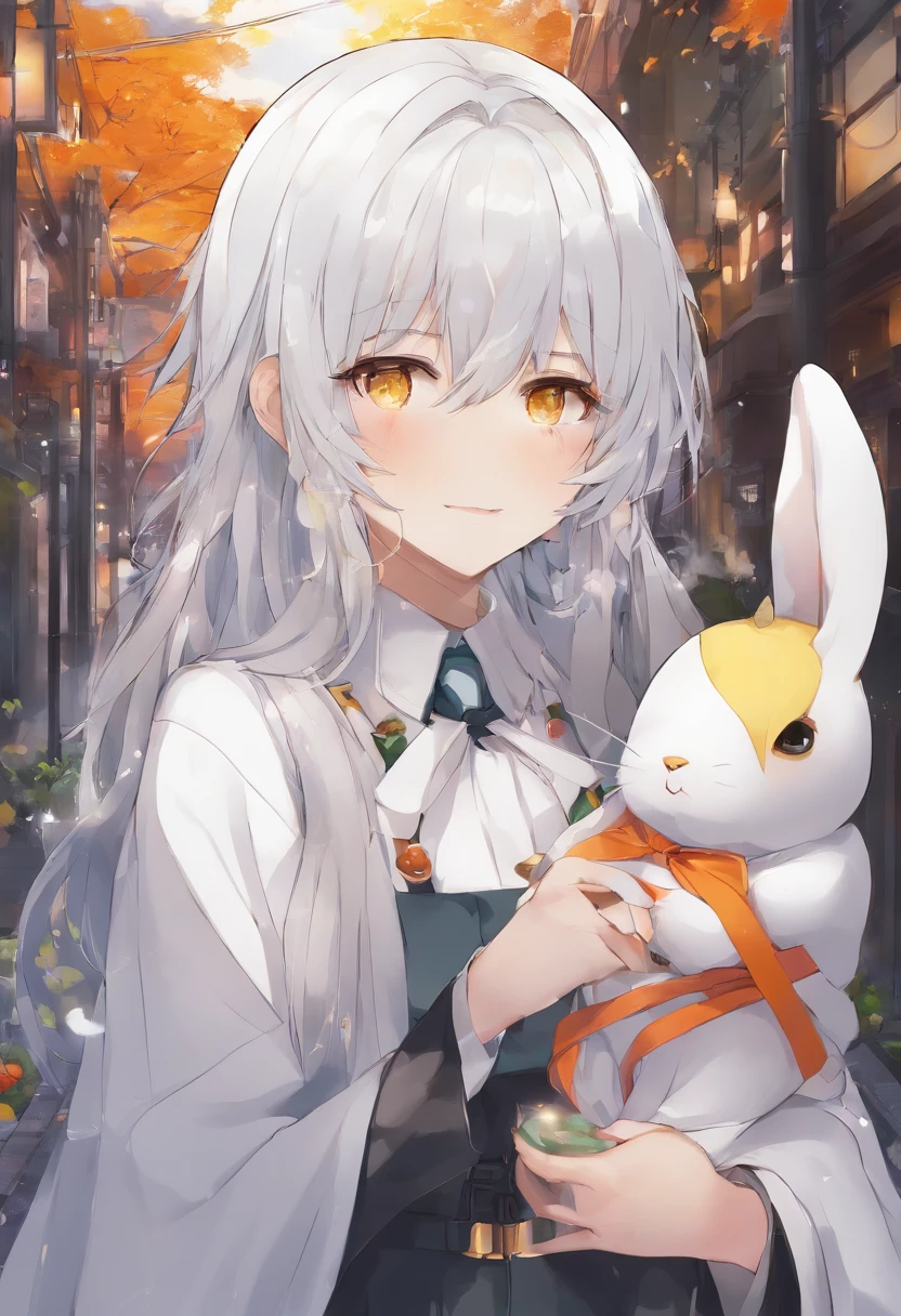 anime character with white hair and yellow eyes holding a rabbit, anime style 4 k, 4k anime wallpaper, 4 k manga wallpaper, anime art wallpaper 4 k, anime art wallpaper 4k, anime art wallpaper 8 k, from arknights, best anime 4k konachan wallpaper, anime wallpaper 4k, anime wallpaper 4 k, nagito komaeda dressed up as a Ghost on a Halloween decorated street