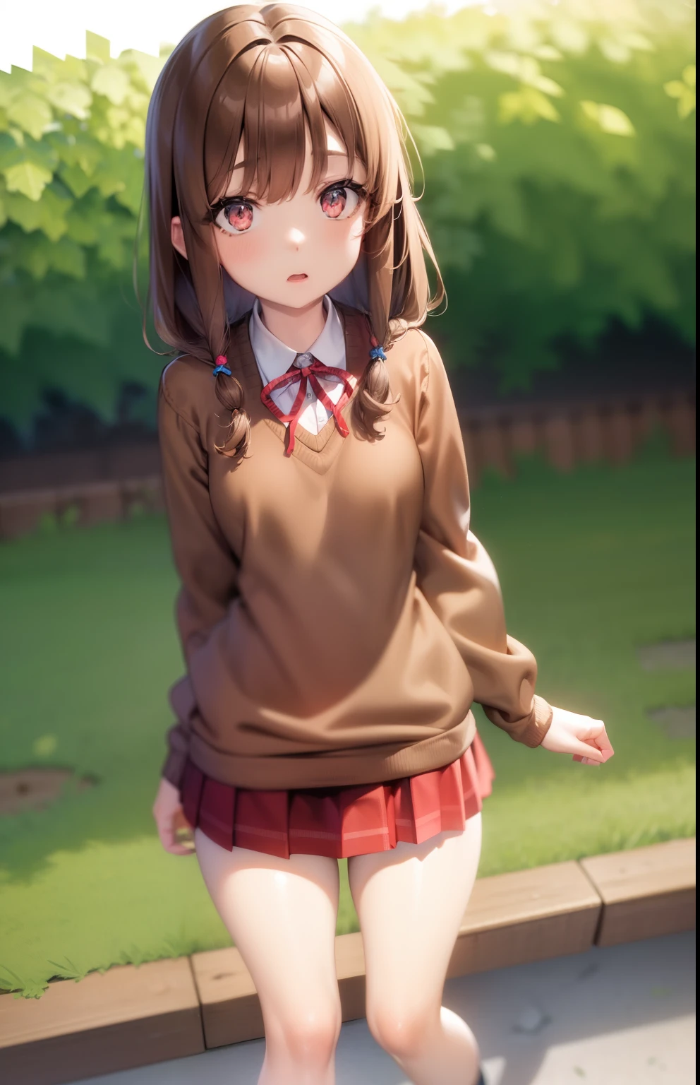 masterpiece, high quality, best quality, high resolution, 4k, high definition, beautiful lighting,highly detailed face, well drawn hands, well drawn legs,well drawn feet,well drawn eyes,1girl,kaede, brown hair, brown eyes,schoolgirl uniform,plaid red skirt, white shirt, (((blue sweater))),red neck ribbon,small boobs, small ass,standing,shy, cowering