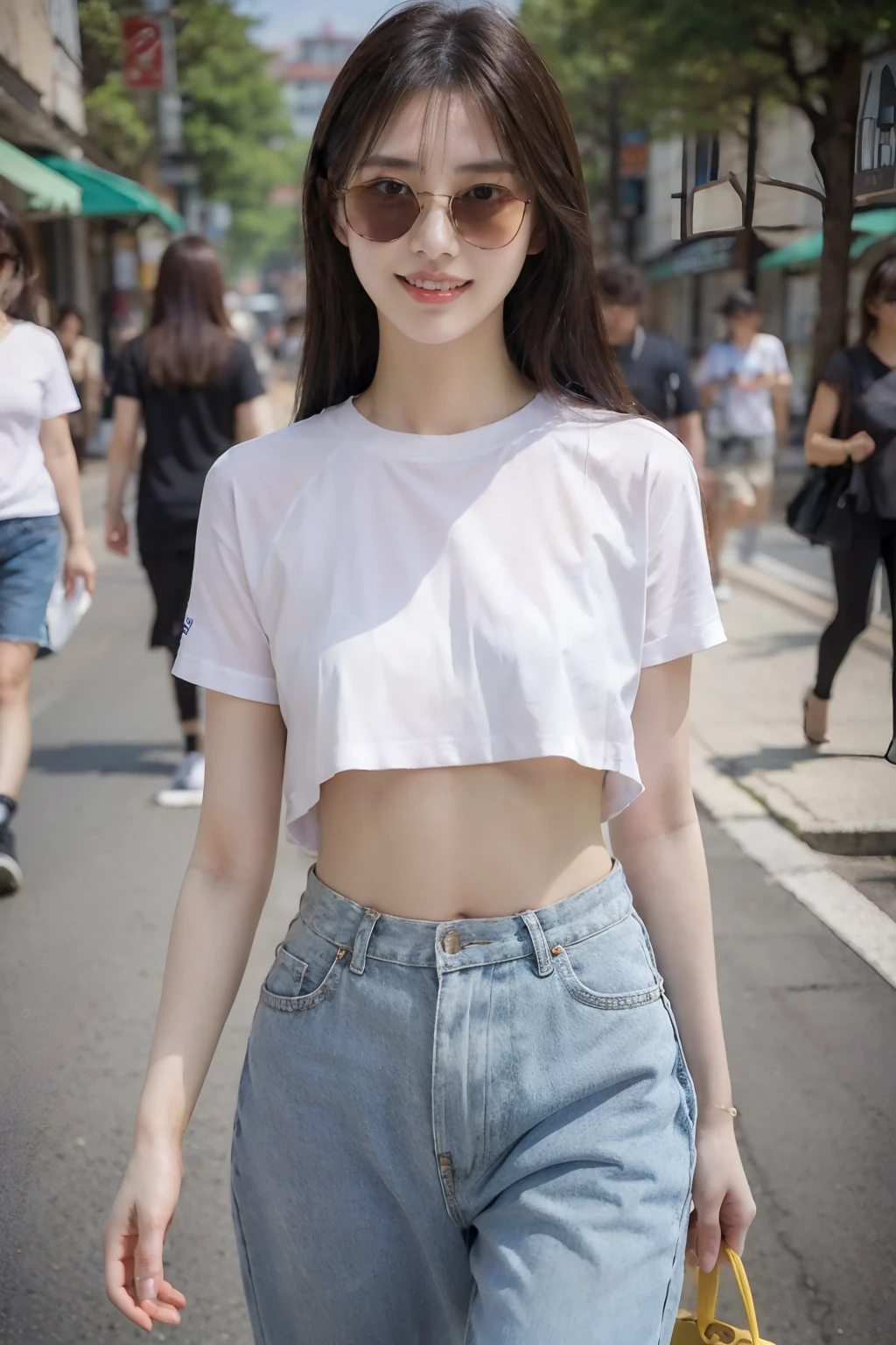 (masutepiece), (Photorealsitic), (Realistic), (Best Quality), intricate and delicate, Beautuful Women, walking on street, A slight smile, cropped shirt, pokies, saggy pants, Light yellow sunglasses, Black straight hair, big brest, Slender figure, A slender, abdominals, thick thighs, Hot days, Full body shot, Low shot, Street,Resort