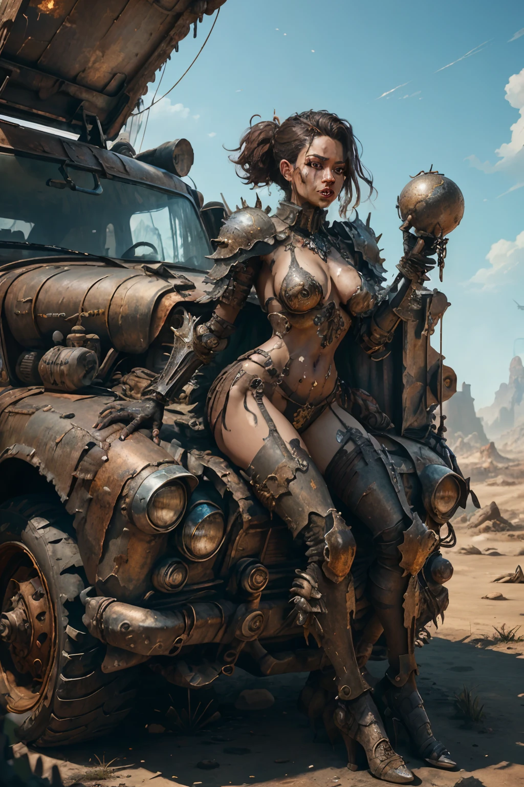 Beautiful Alluring Female Dystopian Knight jenna ortega, oily gritty Skin, Athletic Well Toned Body, Rusty Scrap Metal Ornaments, bikini armor made of car parts and scrap metal, Dystopianpunk Theme, Dieselpunk, laying on top of a car, Beautiful D&D Character Portrait, Beautiful Face, Ominous, Dark Fantasy, Fiverr Dnd Character, Octane Render, Digital Art, Extreme Detail, 4k, Ultra Hd, Polished, Beautiful, Hyperdetailed, Intricate, Elaborate, Meticulous, Photorealistic, Sharp Focus, Wlop, Character Design, Unreal Engine, 3d Rendered, Volumetric Lighting, Reflections, Glossy, Digital Illustration, Sensual Pose, Suggestive Pose, Full Body Shot, 💖❤💕💋❣