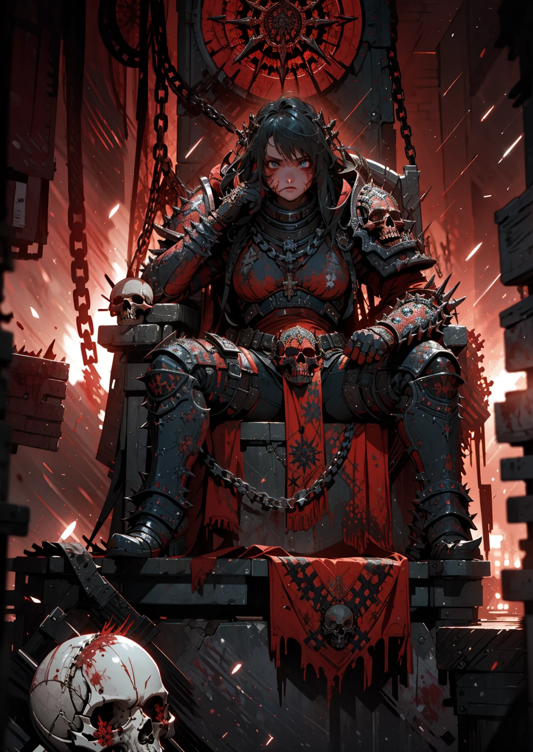 (solo, 1girl, crazy eyes, blood on face, blood on clothes) (digital) ( in detailed battlefield,  (spiked armor, chain)) , best quality, khorne, skull, he sits cross-legged, , shodanSS_soul3142, ff14bg, EpicArt,