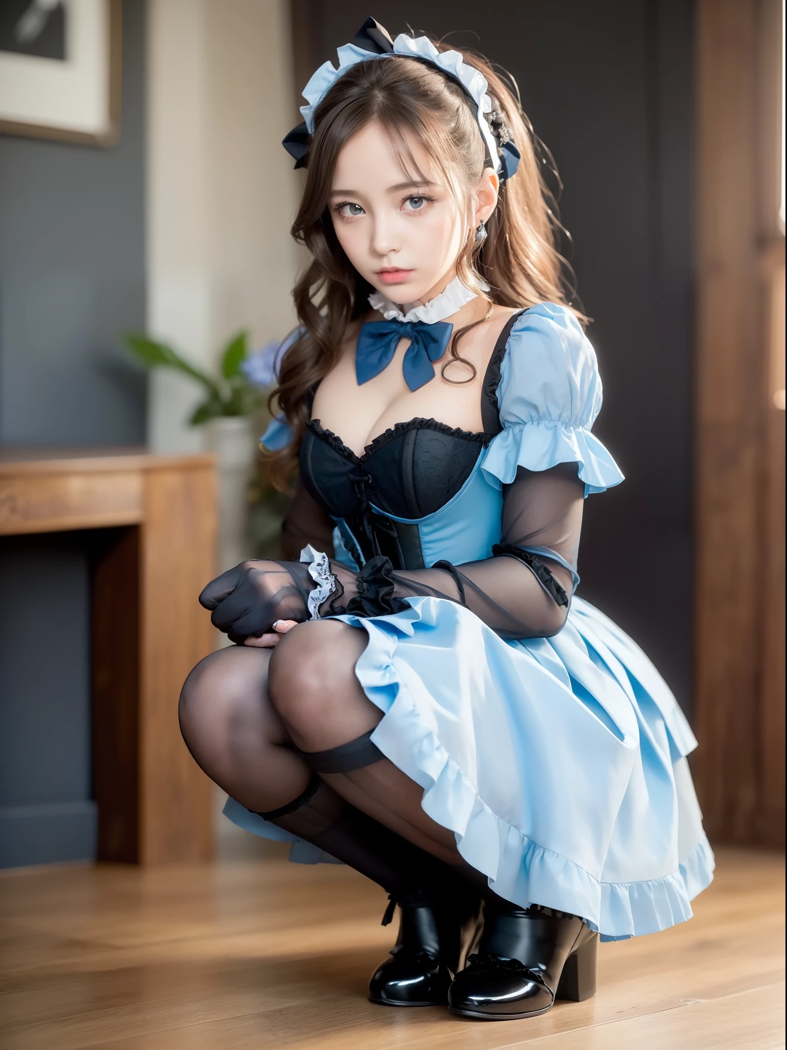 ((of the highest quality, 8K, masutepiece: 1.3, Raw photo)), Sharp Focus: 1.2, (1 AESPA Girl :1.1), Solo, (Realistic, Photorealistic: 1.37), (Face Focus: 1.1), Cute face, hyperdetailed face, brunette short messy hair, small breasts, flat chest, thigh, nude, (light-blue and black theme:1.3), ((gothic ta, black wedding dress):1.2), ((black corset, light-blue mini breast-cup):1.4), (short puff-sleeve:1.3), ((white collar, tie-bow):1.3), ((ruffle-skirt, multilayer-skirt):1.4), ((stockings, garter belt):1.3), (long gloves:1.2), (lily decoration on head:1.3), bedroom, squatting, looking away,