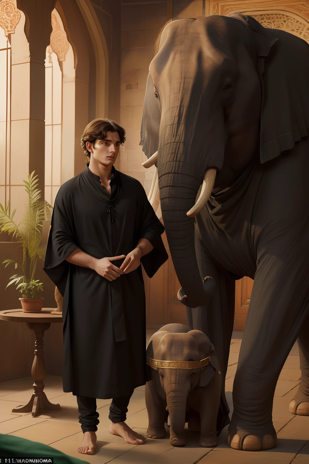 Year: 11th century. Location: India. Pre-raphaelite scene with a 24-year-old english man, touching an elephant trunk, petting a very big elephant, ((((11th century black caftan)))) ((11th century hairstyle)), (((cinematic style)))