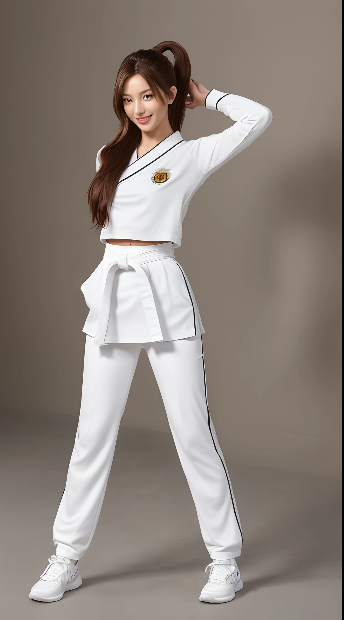 (Photorealsitic)(17 age), Perfectly beautiful woman, (Full body 8K portrait), White Karate Uniform, White karate pants, Large bust,Stand alone, dynamic movements, Perfect facial detail, (Smile: 1.15), attractive beautiful face, gazing at viewer, a small face, 二重まぶた, Beautiful detailed eyes, long eyeslashes, ligh brown hair, ponytail in high position, Toned waist, Beautiful thin legs, toned ankles, bare-legged ,TOKYOcty