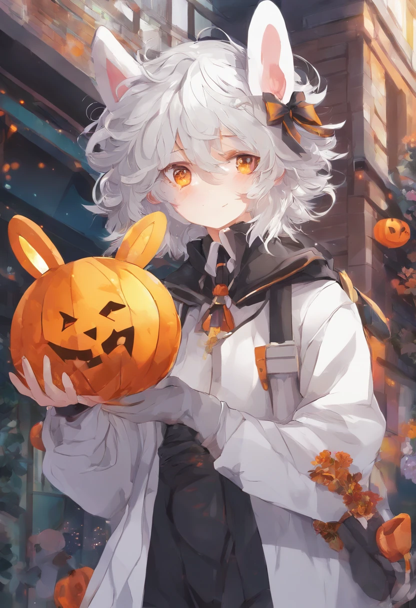 anime character with white hair and yellow eyes, with rabbit ears, holding a rabbit, anime style 4 k, 4k anime wallpaper, 4 k manga wallpaper, anime art wallpaper 4 k, anime art wallpaper 4k, anime art wallpaper 8 k, from arknights, best anime 4k konachan wallpaper, anime wallpaper 4k, anime wallpaper 4 k, nagito komaeda dressed up as a Ghost on a Halloween decorated street