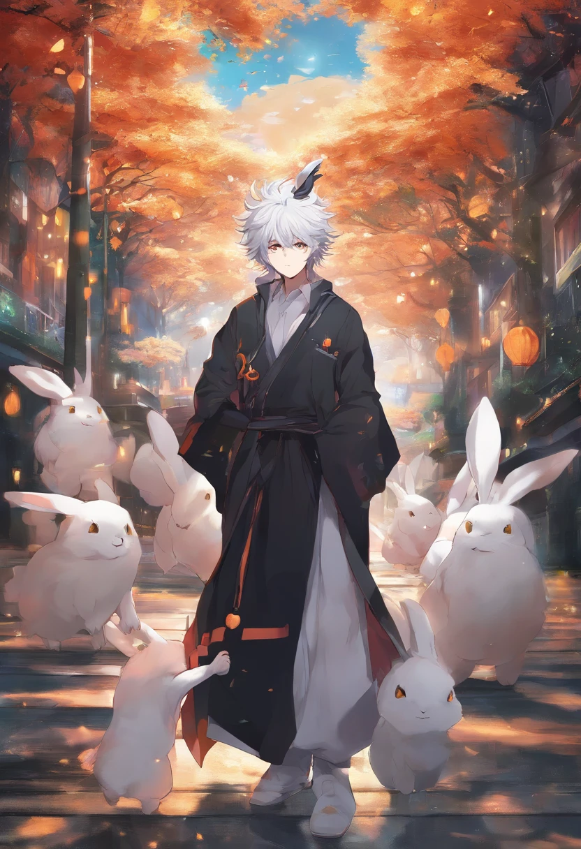 anime character with white hair and yellow eyes, with rabbit ears, holding a rabbit, anime style 4 k, 4k anime wallpaper, 4 k manga wallpaper, anime art wallpaper 4 k, anime art wallpaper 4k, anime art wallpaper 8 k, from arknights, best anime 4k konachan wallpaper, anime wallpaper 4k, anime wallpaper 4 k, nagito komaeda dressed up as a Ghost on a Halloween decorated street