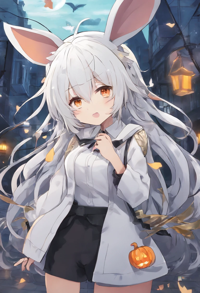 anime character with white hair and yellow eyes, with rabbit ears, holding a rabbit, anime style 4 k, 4k anime wallpaper, 4 k manga wallpaper, anime art wallpaper 4 k, anime art wallpaper 4k, anime art wallpaper 8 k, from arknights, best anime 4k konachan wallpaper, anime wallpaper 4k, anime wallpaper 4 k, nagito komaeda dressed up as a Ghost on a Halloween decorated street