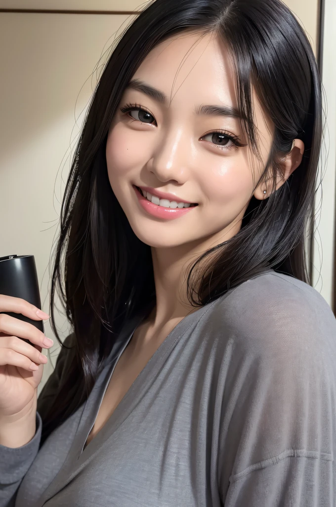 8K, Raw photo, Best Quality, ultra-detailliert, Ultra High Resolution, Realistic, photographrealistic, high-definition RAW color photography, professional photograpy, Extremely detailed, 8K Wallpaper, amazing, finely detail, Huge file size, extra detailed face, extremely detailed eye, highlydetailed skin, extremely detailed fingers, highly detailed nose, highly detail mouth, Perfect Anatomy, Highly detailed background, ((japanaese girl)), Realistic body, Good figure, Black hair, Cute face, Photography, (Happy smile), Perfect Skin, Perfect Anatomy, ((gray long shirt)), (cafe), (morning), (high-angle shot),