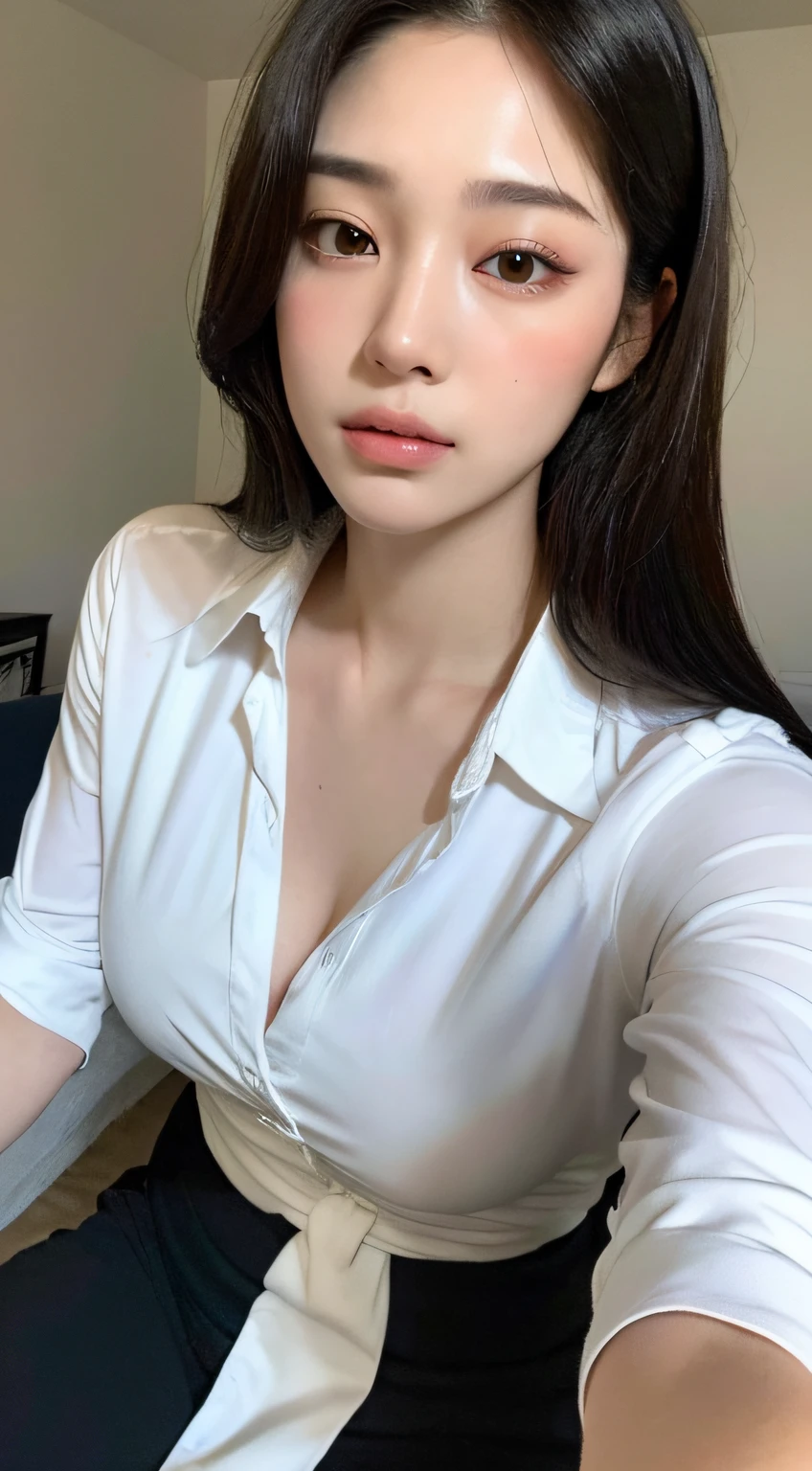 ((Top quality, 8k, Masterpiece: 1.3)), beauty, hidden face, 1 girl, beauty: 1.3, slender abs: 1.1, large men's shirt (loose: 1.4) exposed, full chest, long black hair, (kneeling on bed), ultra-detailed face, highly detailed lips, detailed eyes, double eyelids, strict head and body ratio: 1.5,
