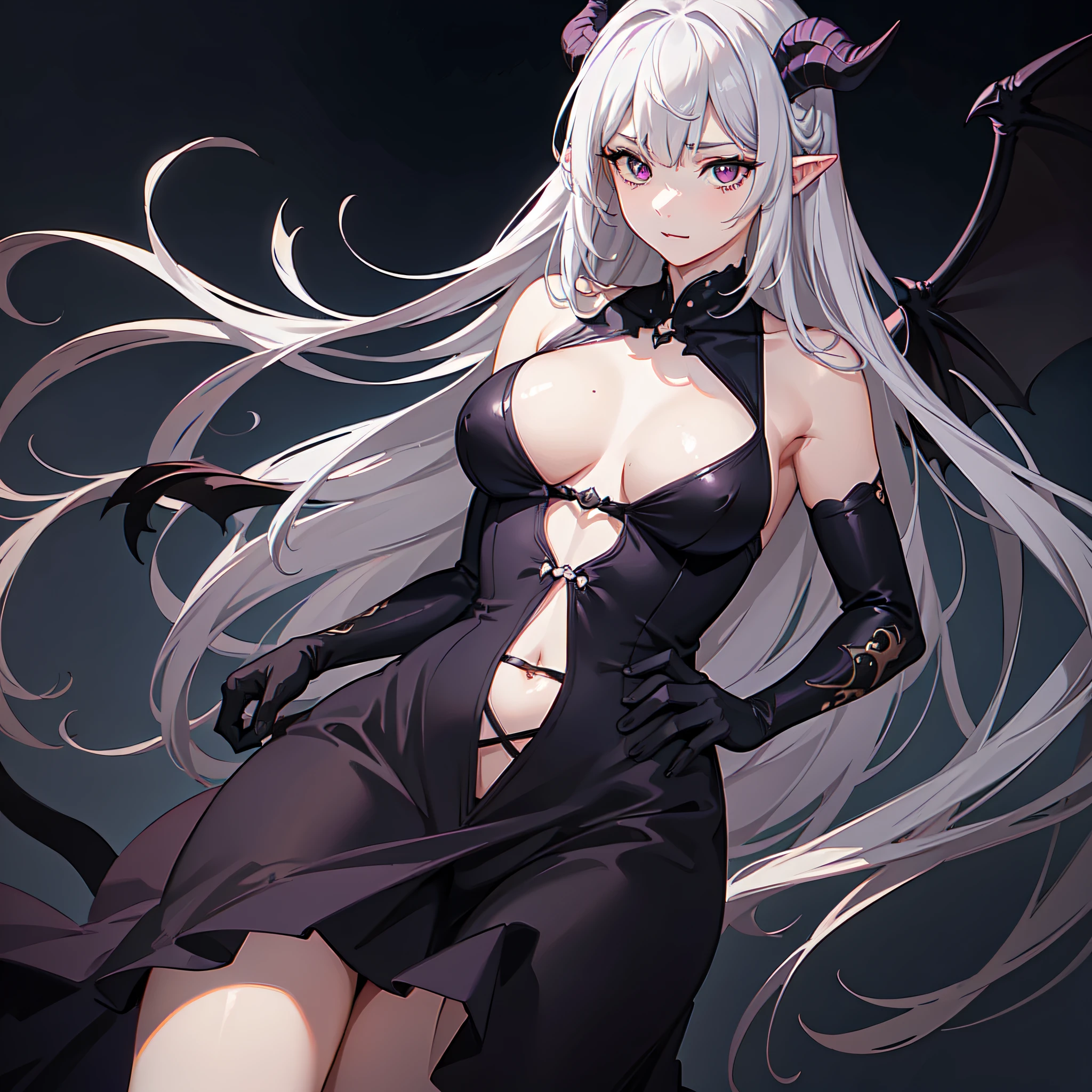 a sexy lady with medium tits ((D-Cups)) and horns in a dress and robe, elegant dress, 1girl, breasts, horns, solo, wings, gloves, large breasts, dress, pointy ears, looking at viewer, halo, long hair, indoors, covered navel, demon horns, demon girl, black gloves, thighs, black dress, elbow gloves, demon wings, bangs, bare shoulders, white hairs, purple bright eyes, goat curved horns, slightly wavy hairs, atmospheric perspective, volumetric lighting, good lighting,, masterpiece, best quality, highly detailed, extremely detailed cg unity 8k wallpaper, illustration,((beautiful detailed face)), best quality, (hyper-detailed ), high-resolution illustration ,high quality, highres, sidelighting, (illustrationbest),highres,illustration, absurdres, hyper-detailed, intricate detail, perfect, high detailed eyes, gorgeous eyes, perfect lighting, (extremely detailed CG:1.2)