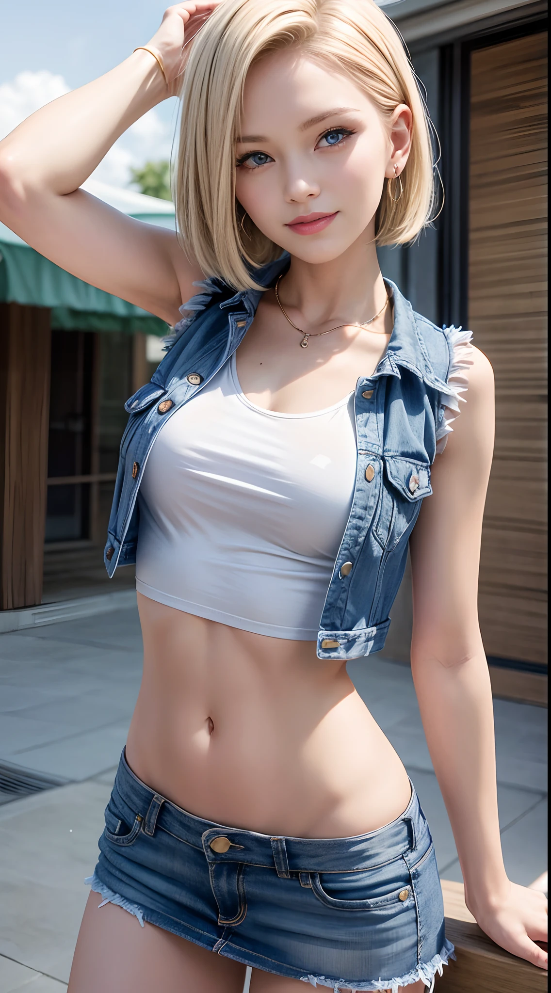 Best Quality, hight resolution, and18, 1girl in, Android 18, Solo, Blonde hair, Blue eyes, Short hair, Laughter and smile，earrings, Jewelry, Denim Vest, open vest, White belly button tank top，Jeans miniskirt,  Blue mini skirt, tiny chest, Cowboy Shot, Pose with your buttocks sticking out and turning around，Photographed from below，Street, (Externally expanded Chest: 1.2)，