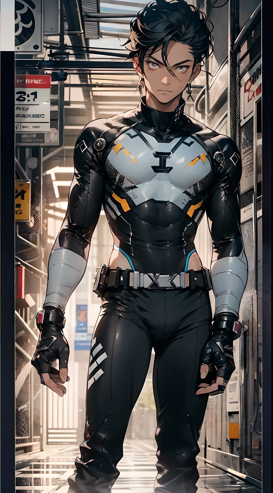 Black pantsuit, Black T-shirt with, melancholy lighting, A tranquil, peacful, luminance, tmasterpiece, best qualityer, (Ultra photo realsisim:1.3), (tmasterpiece:1.4), best qualtiy, ((realisticlying)), high high quality, ultra - detailed, ((Authentic images)), ((Realistic skin)), ((photorealiscic face)), (illustratio:1.05), (Handsome:1.05), (beatiful detailed eyes:1.05), (cinematric light:1.1), Blue in the detachment, perfect whole body,Black and blue clothes,White sneakers,(Handsome male),(perfect male figure), short detailed hair,Detailed face, Perfect face, (The stands up), Detailed background, ((Bonifasko lighting)), (Detailed eyes), perfect pupils,a dark tanned skin
