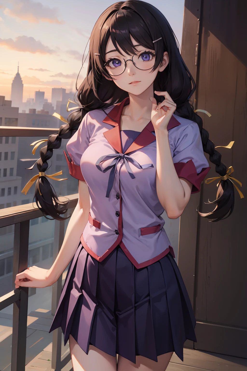 hanekawatsubasa, hanekawa tsubasa, Long hair, Black hair, Hair Ornament, (Purple eyes:1.1), braid, hair clips, Twin braids, naoetsu high school uniform, Glasses,
BREAK skirt, School uniform, naoetsu high school uniform,
BREAK outdoors, city,
BREAK looking at viewer, BREAK (masutepiece:1.2), Best Quality, High resolution, Unity 8k壁纸, (Illustration:0.8), (Beautiful detailed eyes:1.6), extra detailed face, Perfect Lighting, extremely details CG, (Perfect hands, Perfect Anatomy),