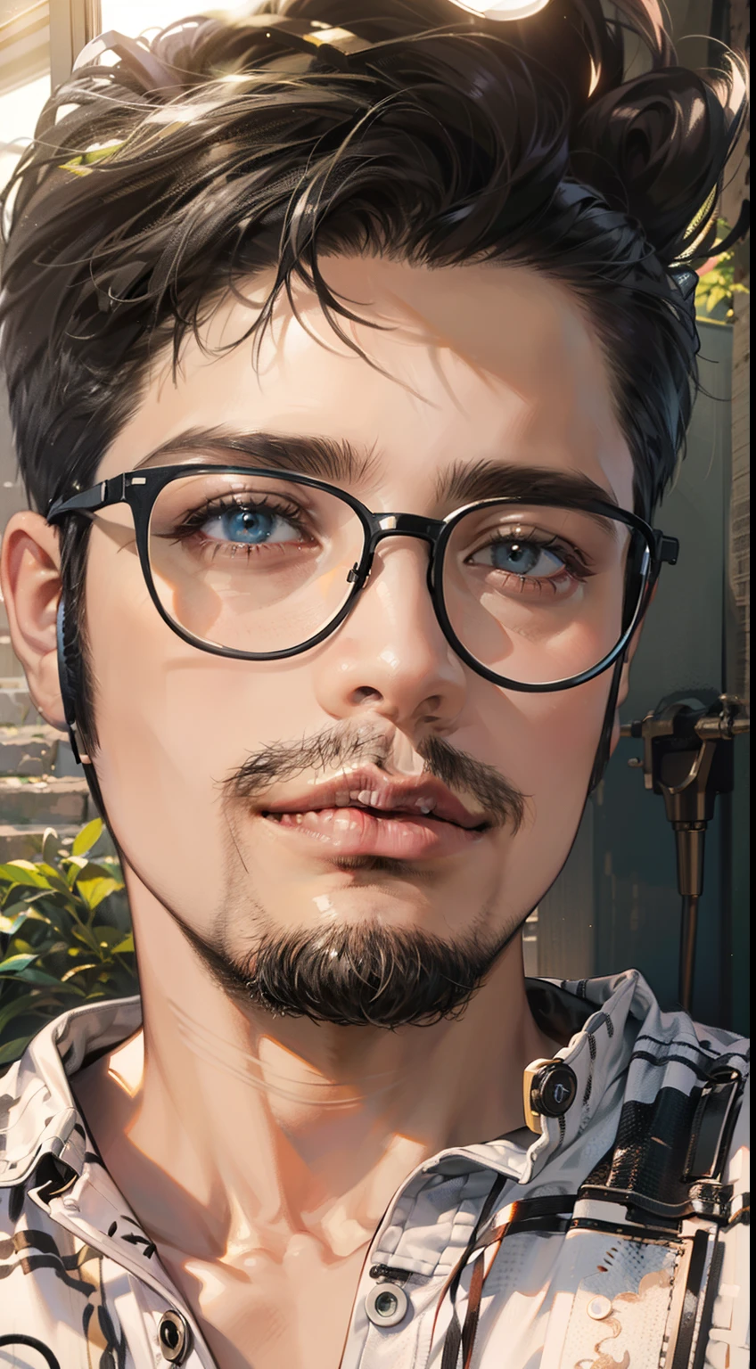 Masterpiece, High quality, Best quality, HD, Realistic, Perfect lighting, Detailed body, 1 man, Short black hair, White T-shirt, Calm expression, Wearing headphones,