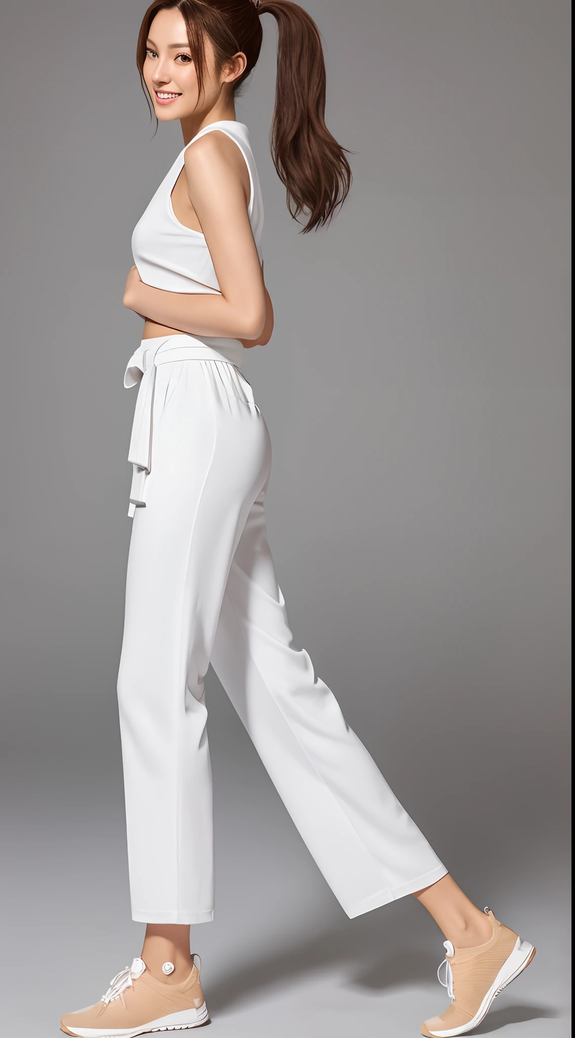 (Photorealsitic)(17 age), Perfectly beautiful woman, (Full body 8K portrait), White Karate Uniform, White karate pants, Large bust,Stand alone, dynamic movements, Perfect facial detail, (Smile: 1.15), attractive beautiful face, gazing at viewer, a small face, 二重まぶた, Beautiful detailed eyes, long eyeslashes, ligh brown hair, ponytail in high position, Toned waist, Beautiful thin legs, toned ankles, bare-legged ,TOKYOcty