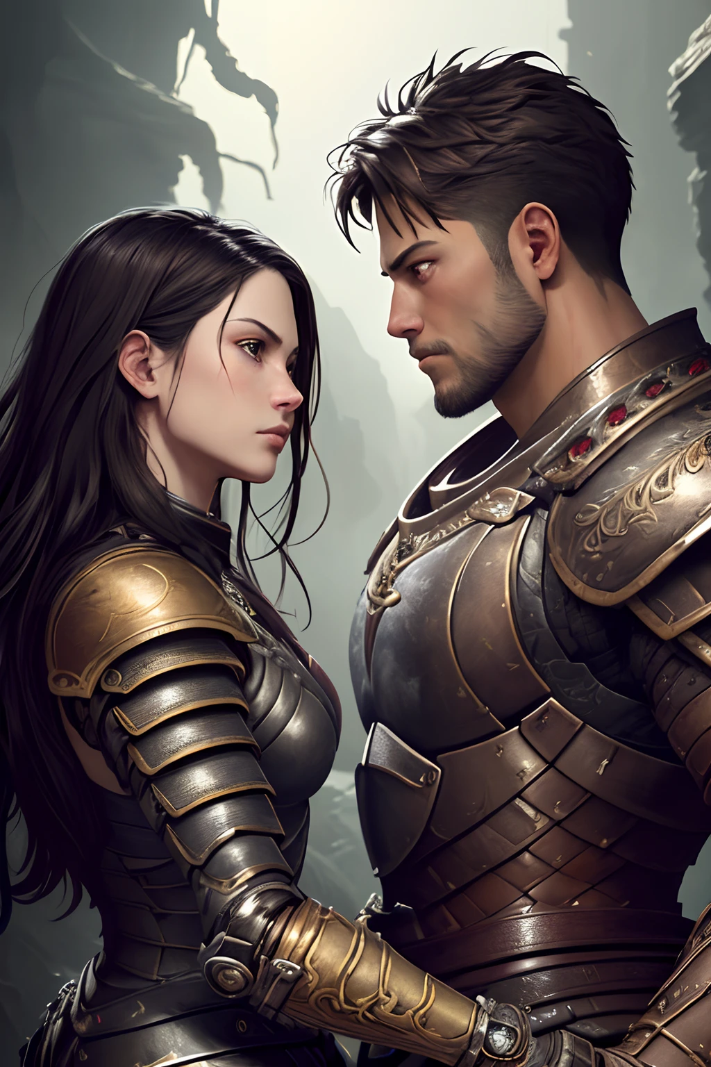 (Painting:1.3) of (Detailed illustration:1.3) A (full body:1.3) shot at 8k resolution, splash art, fantastic comic book style, photorealistic, intense look, anatomical photorealistic digital painting portrait of a (young male:1.3) human (warrior:1.3) in black and gold intricate (heavy armor:1.3) in a (dark and moody universe:1.3), light particle, very detailed skin,samurai, very detailed eyes, (elden ring style:1.3), (warhammer style:1.1), concept artist, global illumination, depth of field, splash art, art by artgerm and greg rutkowski and viktoria gavrilenko