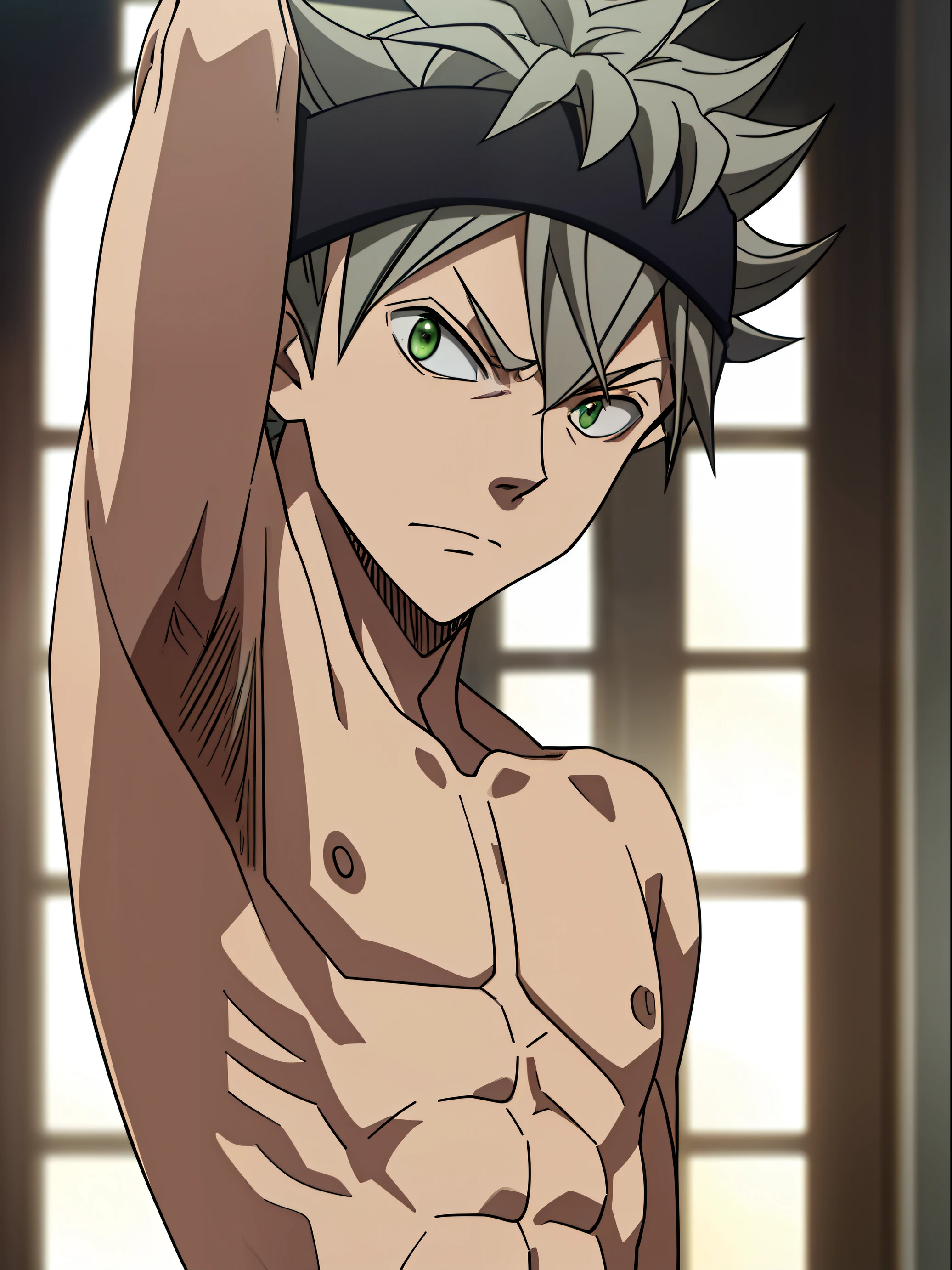 masterpiece, best quality, high quality, 1boy, solo, male focus, looking at viewer, body only, asta, green eyes, headband, grey hair, spiked hair, slim body, skinny body, short body, (armpit,  show his armpit)