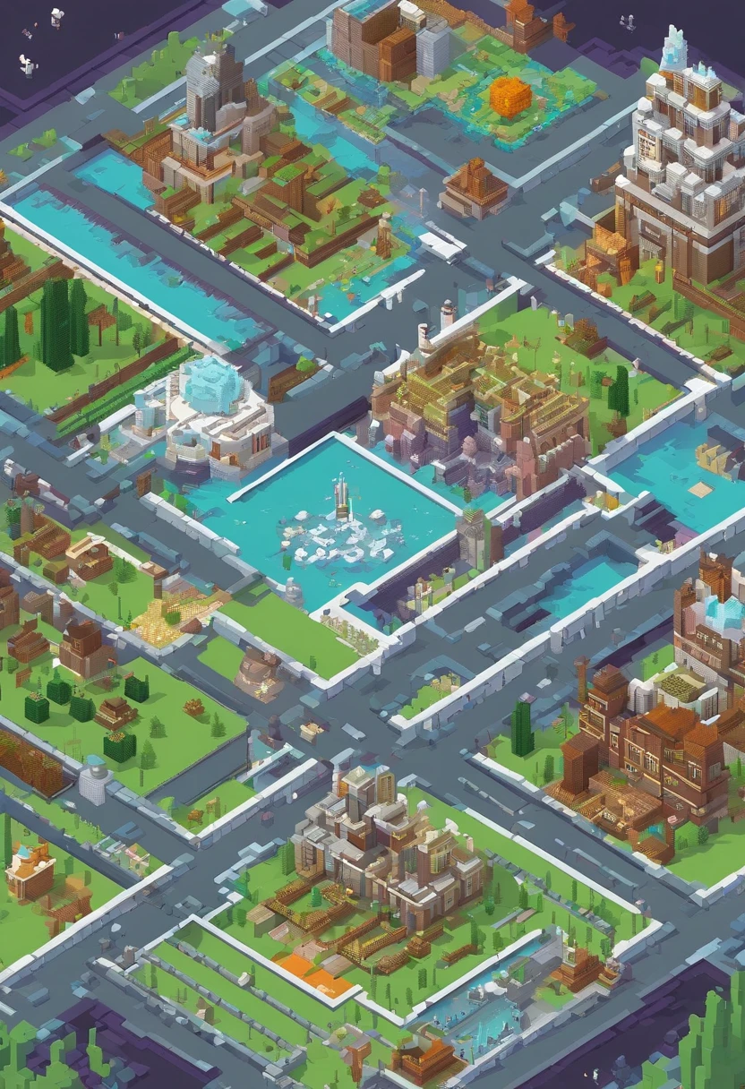 **Large Arctic fence around the city with 20 buildings, Isometric, Science-Fiction, ..3D, Arte del juego, retro scifi