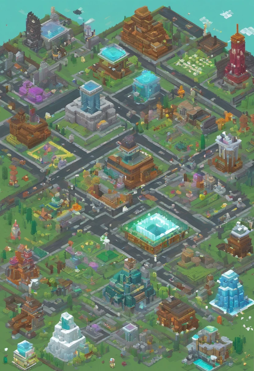 **Large Arctic fence around the city with 20 buildings, Isometric, Science-Fiction, ..3D, Arte del juego, retro scifi