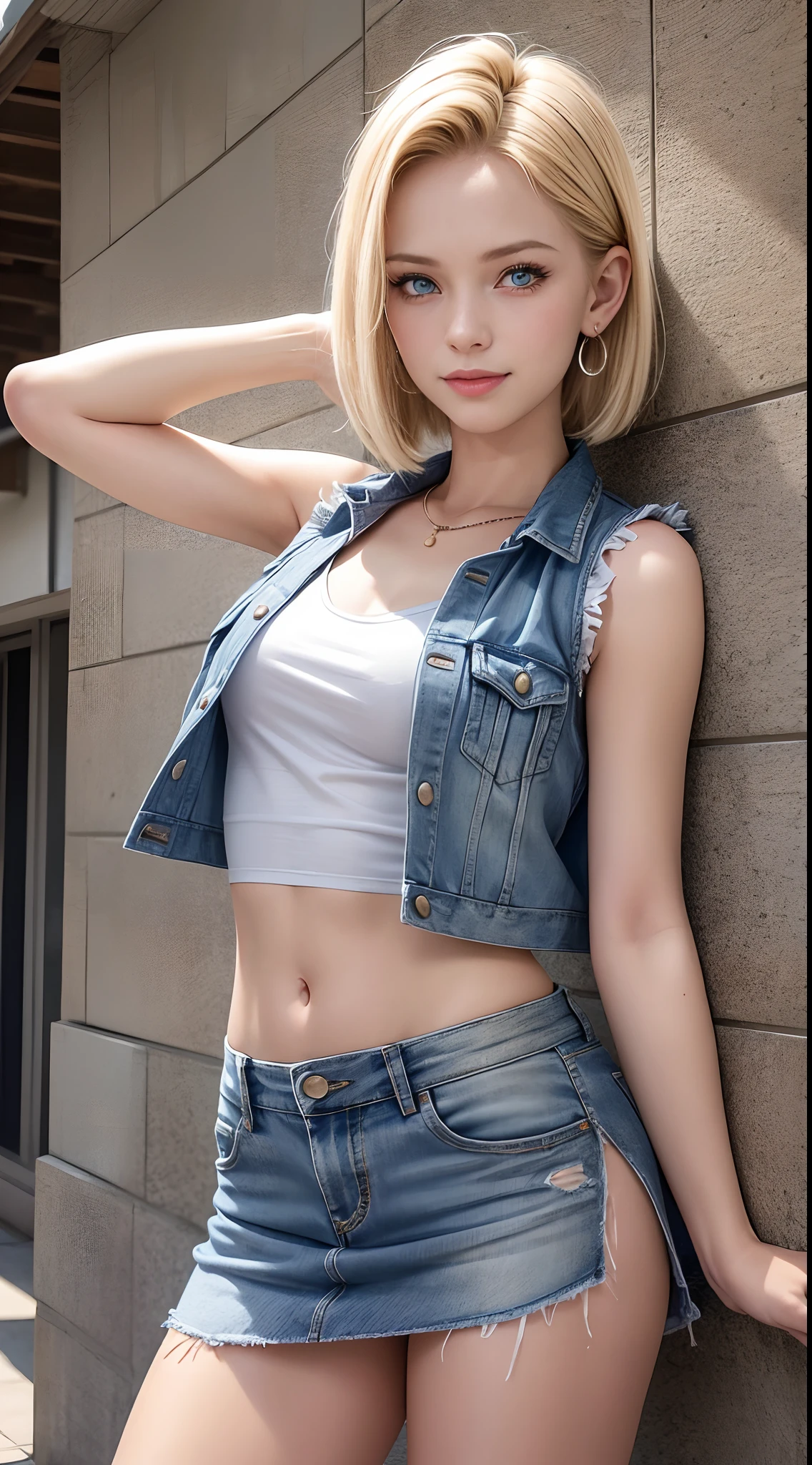 Best Quality, hight resolution, and18, 1girl in, Android 18, Solo, Blonde hair, Blue eyes, Short hair, A smile，earrings, Jewelry, Denim Vest, open vest, white t-shirts，damage jeans，Wearing sunglasses，tiny chest, Pose with your buttocks sticking out and turning around，Street, (Externally expanded Chest: 1.2)，