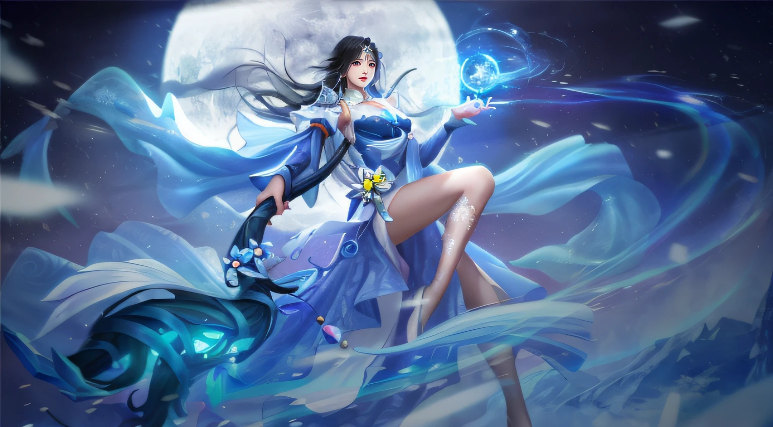 Anime manga girl，Long gray hair，a blue dress，Purple flowers in his hand, Serafina Ali Korda, Keda, Irelia, from league of legends, Keda and Sanyang, Beautiful celestial mage, Queen of the Sea Mu Yanling, League of Legends style, League of Legends Arcana, lux from league of legends, League of Legends Flash Painting