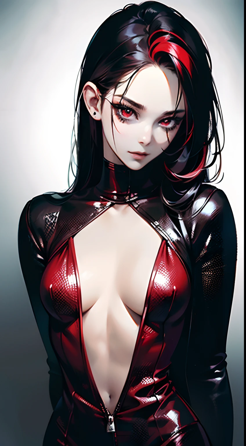 (Best Quality,4K,High resolution), 18yo woman, Red mesh hair on black hair, Shiny long straight hair, Innocence,sharp eye、red eyes、Cold eyes、Glaring、ssmile、small nose、eye liner、 tousled、Luxury Babydoll、Pose with your index finger facing your head、Comical appearance,comic strip,animesque,Deformed cute illustration、Delicately expresses realistic skin texture、Muscle texture reproduction、Cool background in Gothic style