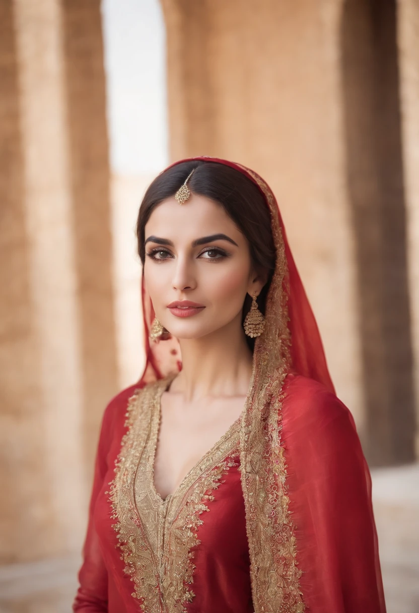 arafed woman in a red and gold shawl and a red dress, middle eastern skin, beautiful arab woman, young middle eastern woman, beautiful iranian woman, arabian beauty, middle eastern, mid shot portrait, detailed face of an arabic woman, 7 0 mm portrait, portrait shot, close - up portrait shot, close up portrait shot, photo of a beautiful woman