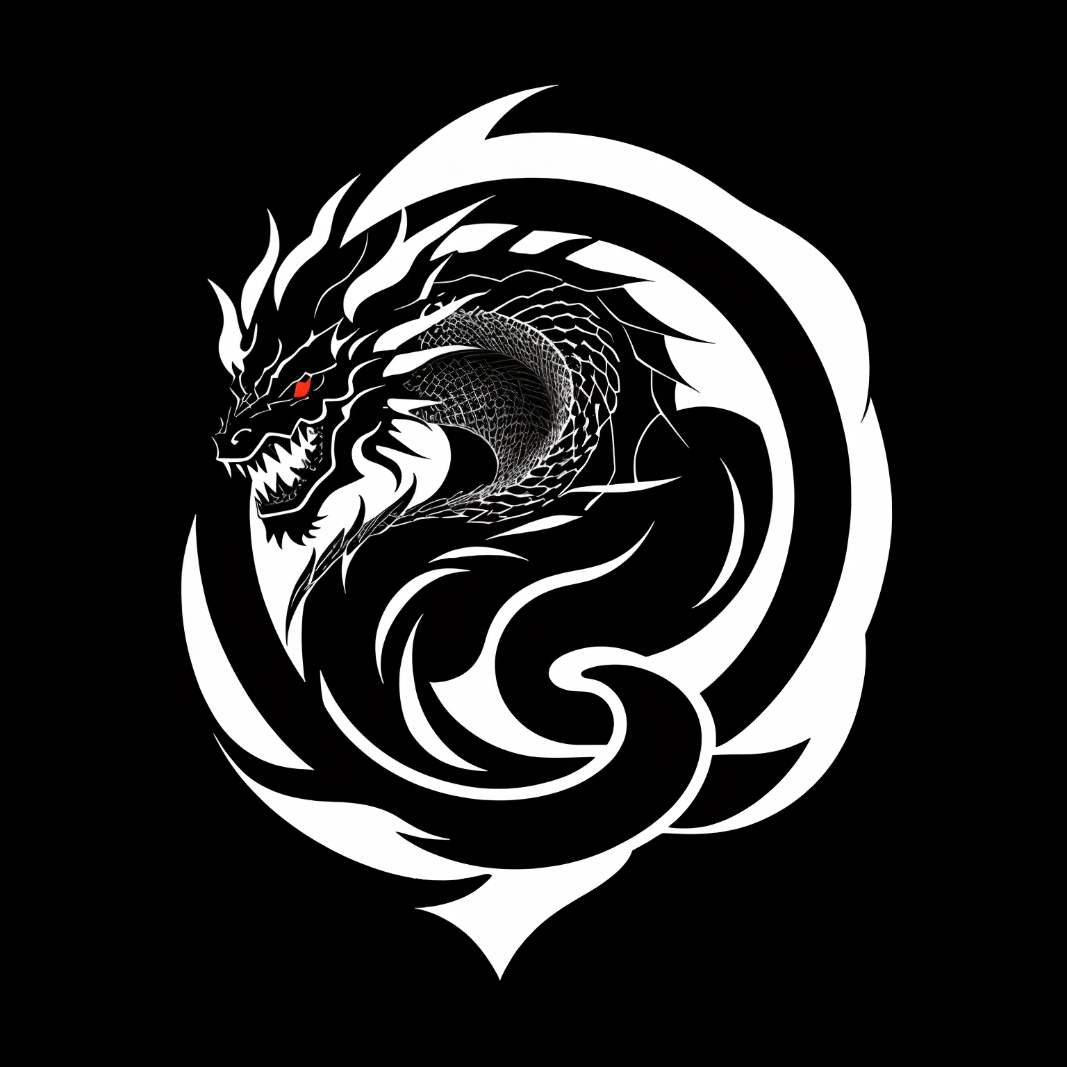 Black and white logo of a Chinese dragon eating the sun