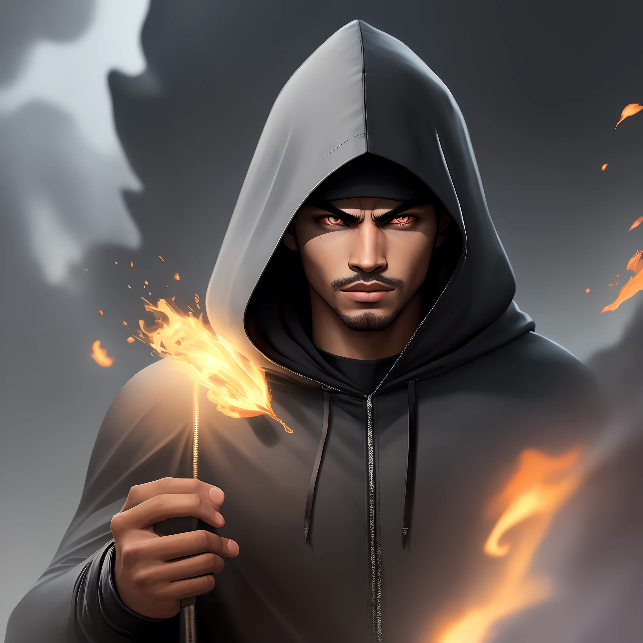 black cloaked superhero with hood and white eyes